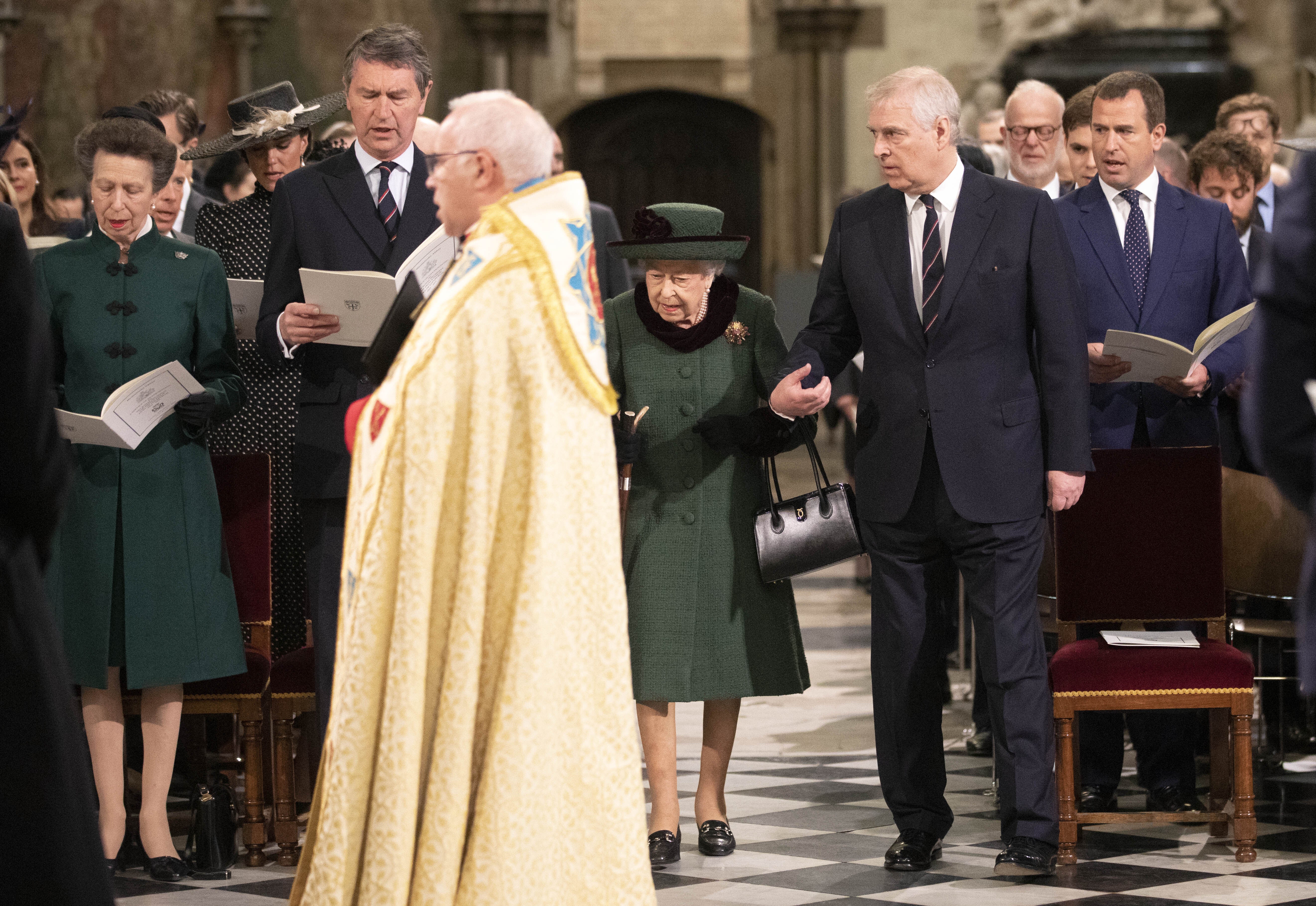 The Queen and the Duke of York arrive at a Service of Thanksgiving for the life of the Duke of Edinburgh at Westminster Abbey in London on March 29 (PA)