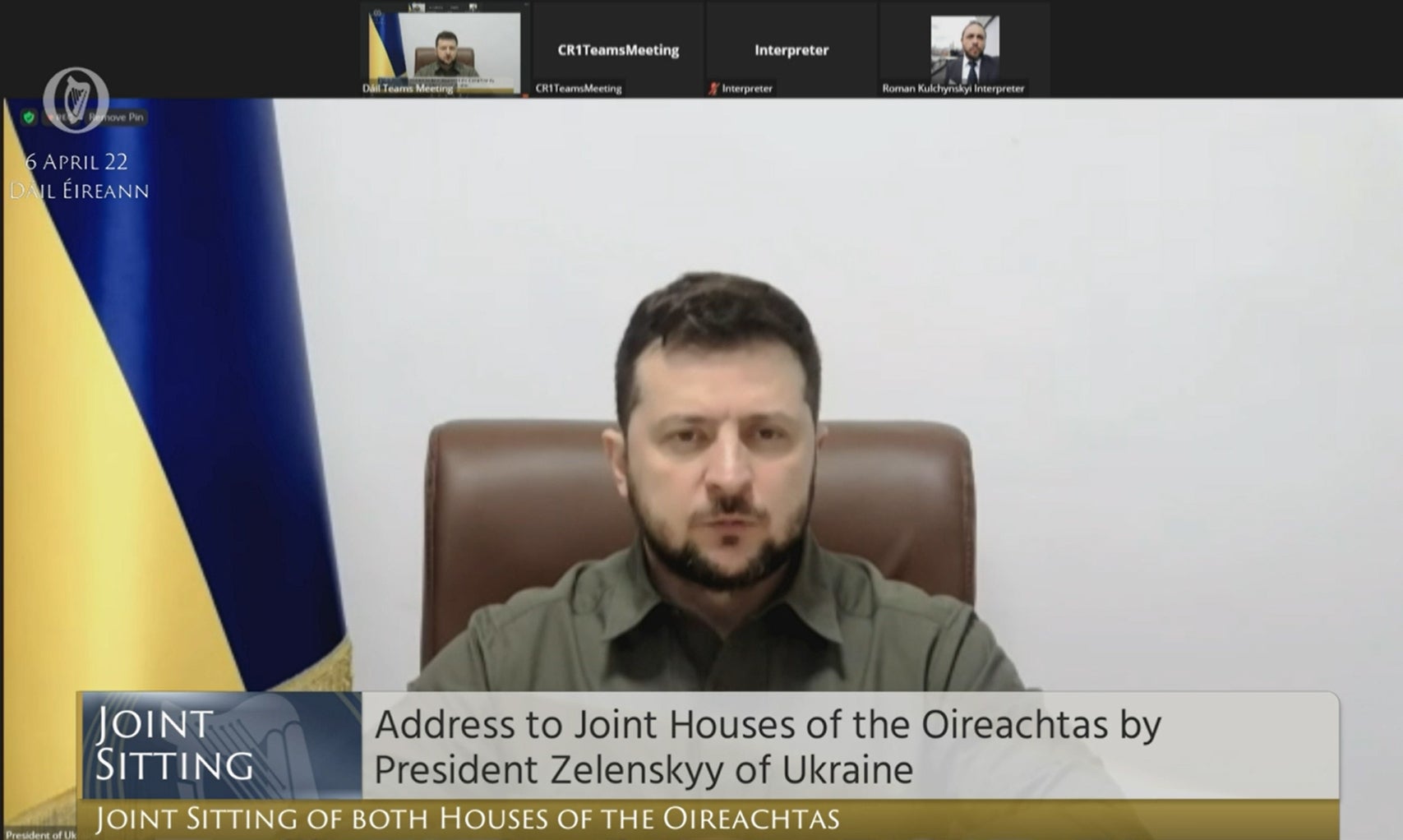 Screengrab from Oireachtas TV of President Zelensky of Ukraine addressing members in the Dail (Oireachtas TV/PA)