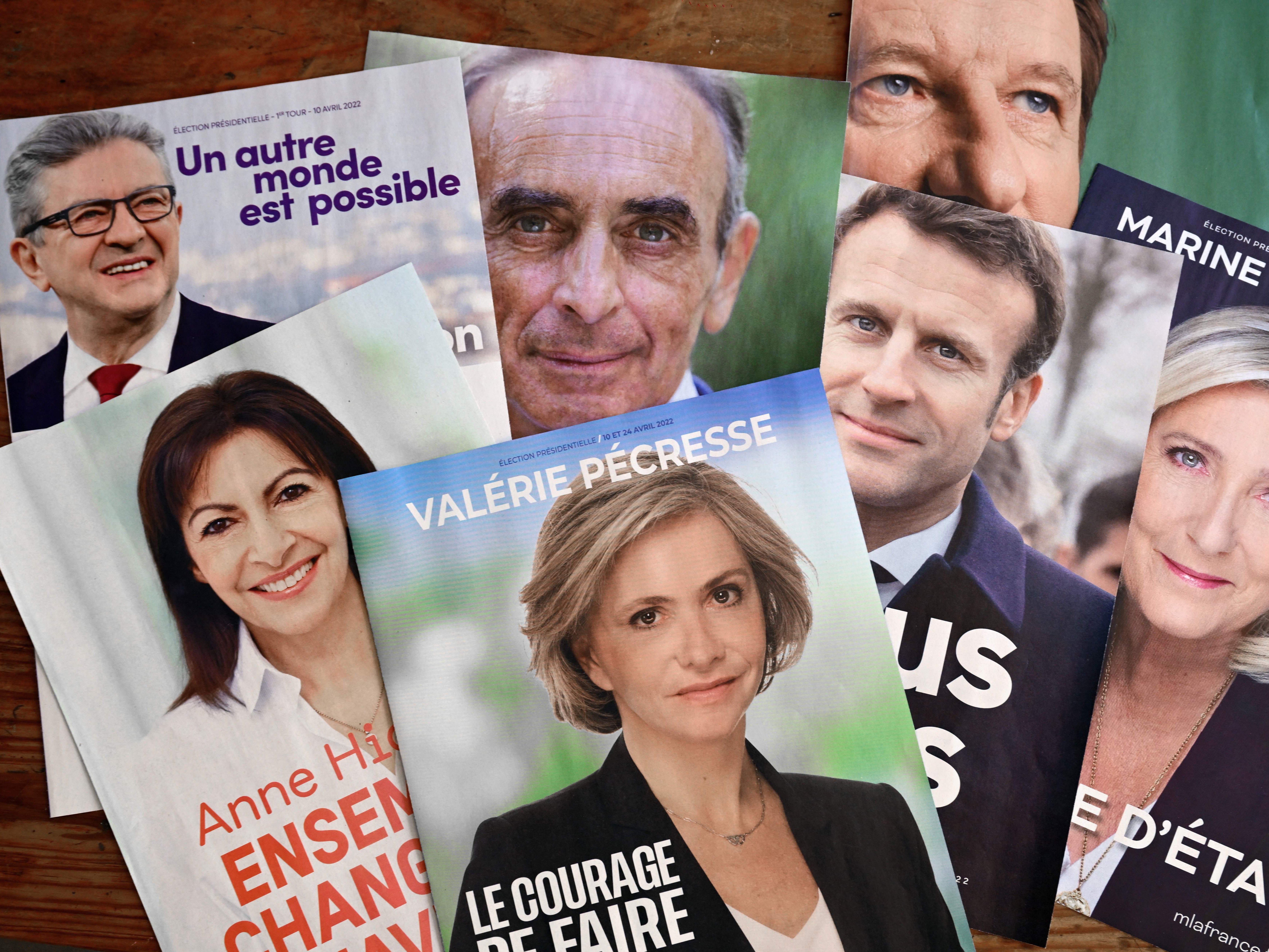 Electoral leaflets (from left to right) for Jean-Luc Melenchon, Anne Hidalgo, Eric Zemmour, Valerie Pecresse, Emmanuel Macron, Yannick Jadot and Marine Le Pen ahead of the first round of the French presidential election