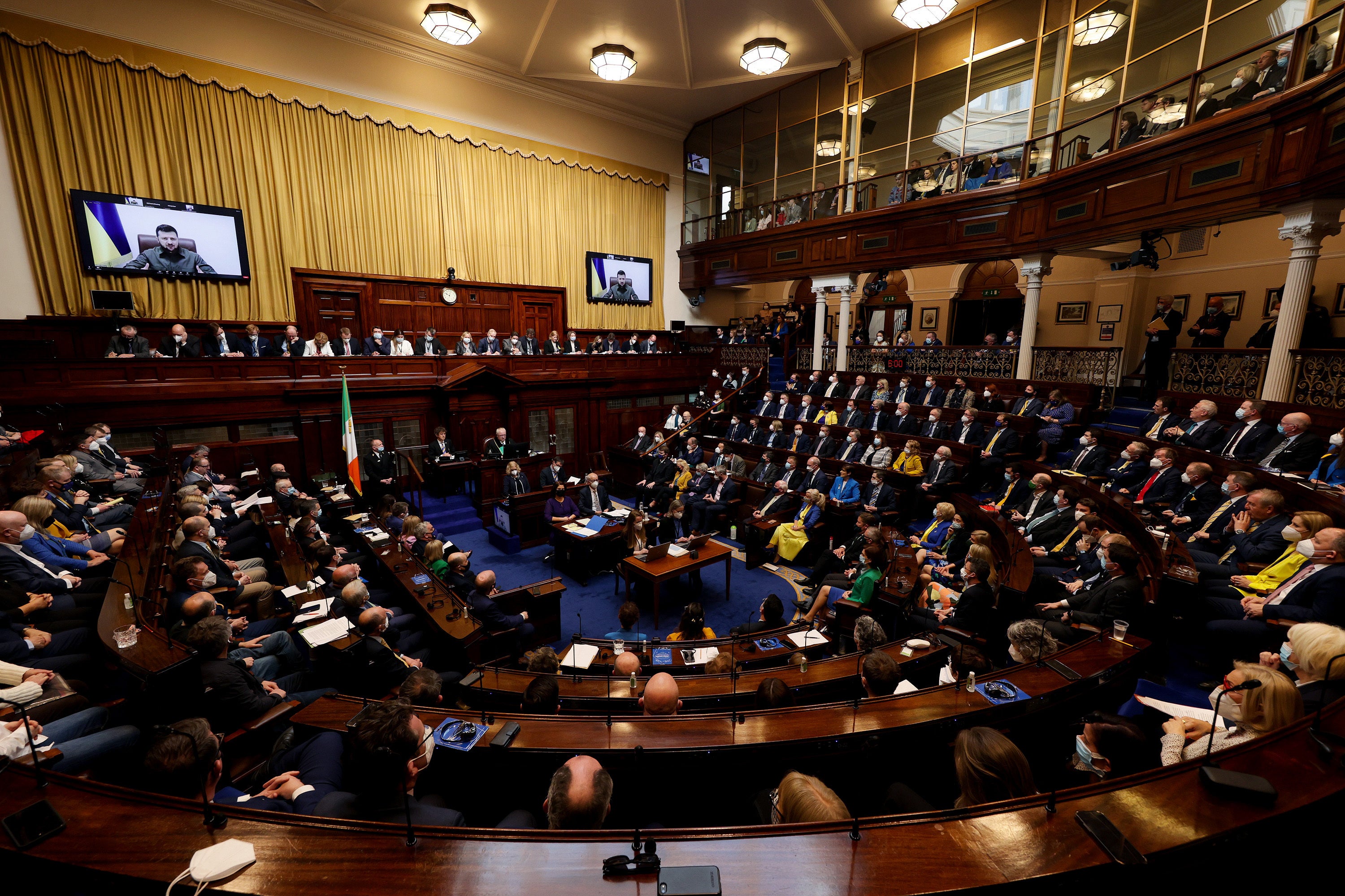 Handout photo of Volodymyr Zelensky, President of Ukraine, addressing a Joint Sitting of both Dail and Seanad Eireann (the Houses of the Oireachtas, Irish Parliament) in the Dail Chamber of Leinster House, Dublin (Maxwells/PA)