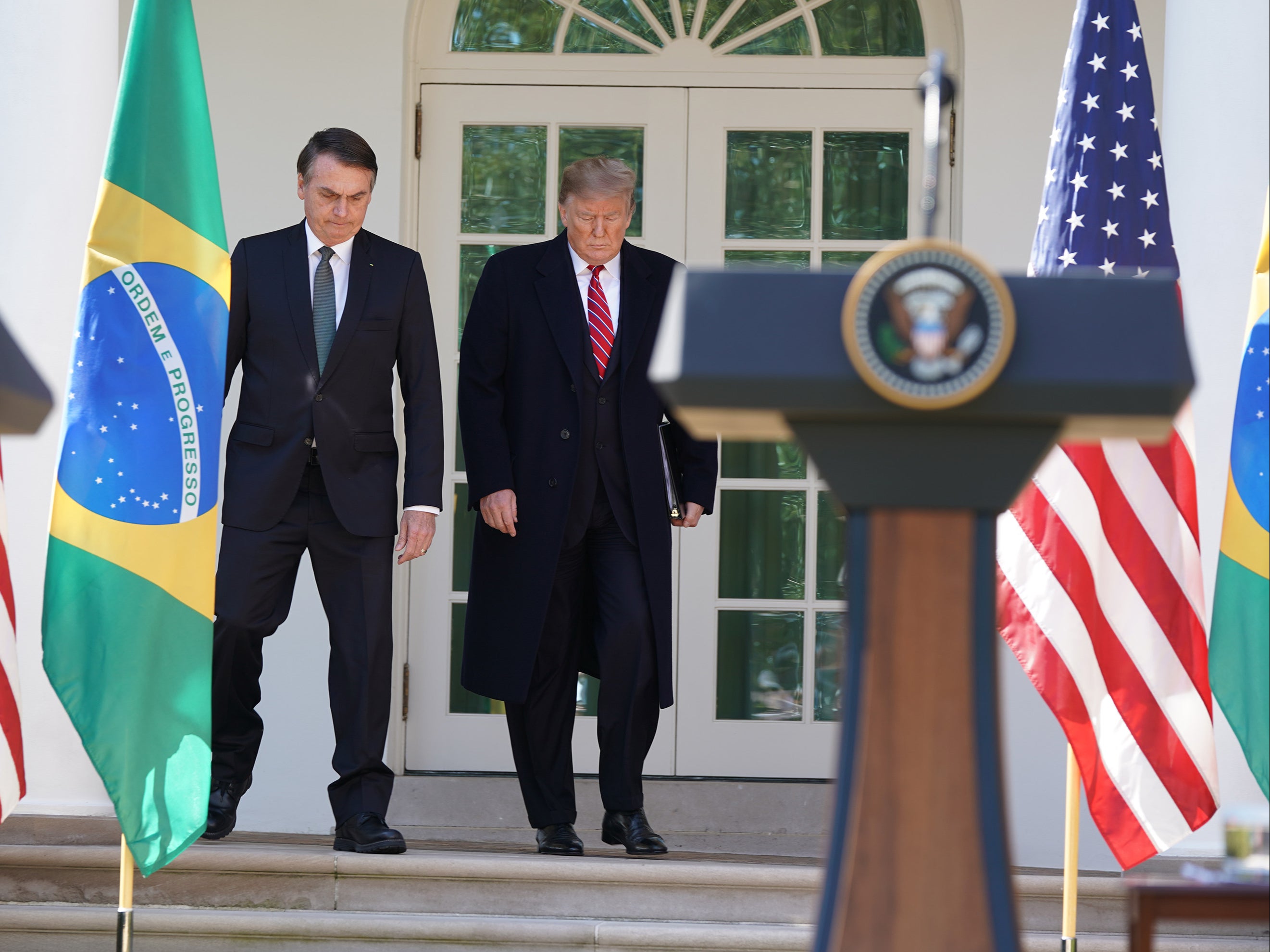 Donald J Trump holds a news conference with Bolsonoro at the White House in March 2019