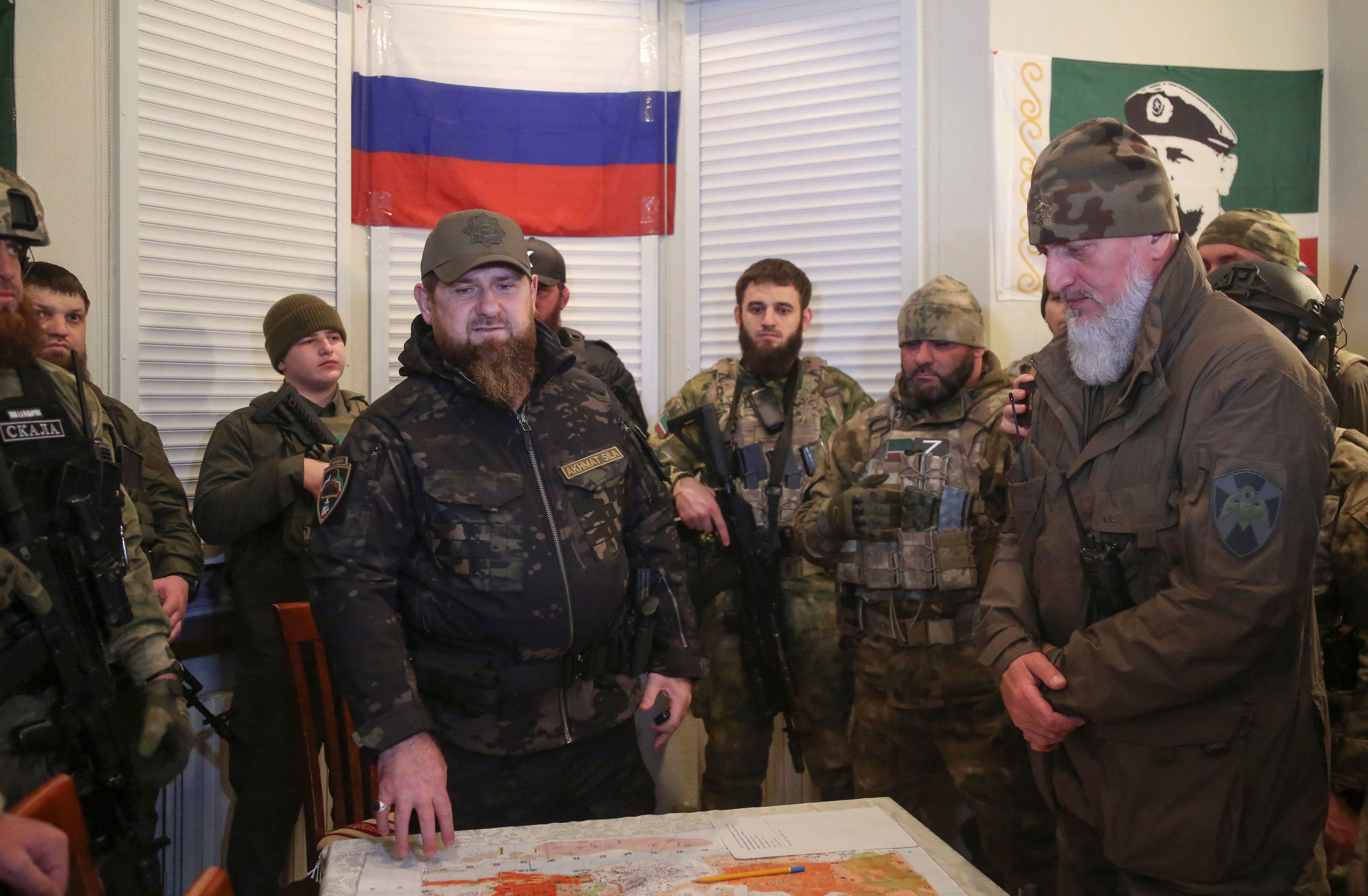 Kadyrov attends a meeting with commanders of Russia’s 8th combined army of the Southern Military District and special forces units at an operations centre in Mariupol, Ukraine, 28 March 2022