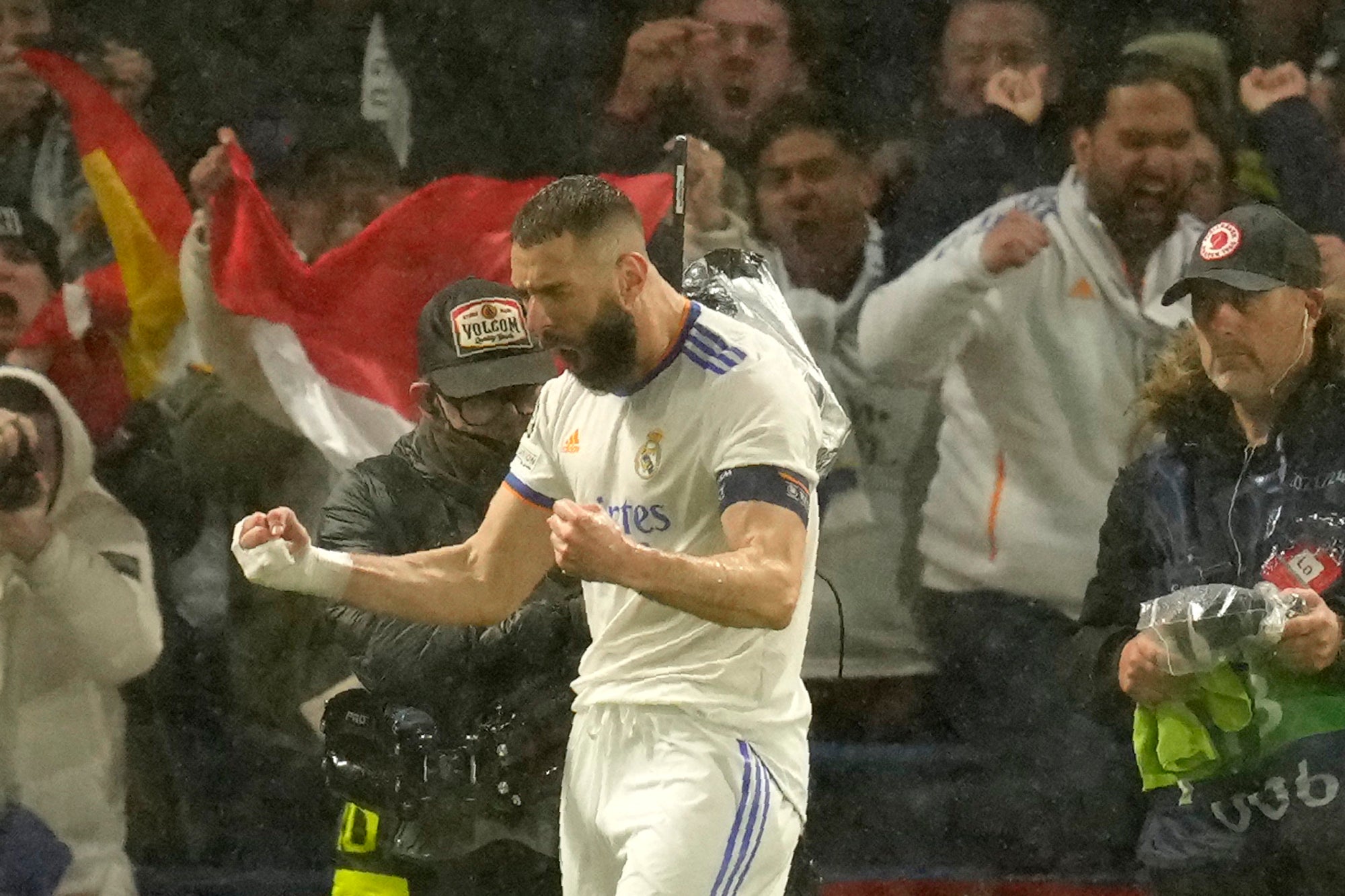 Karim Benzema celebrates scoring against Chelsea