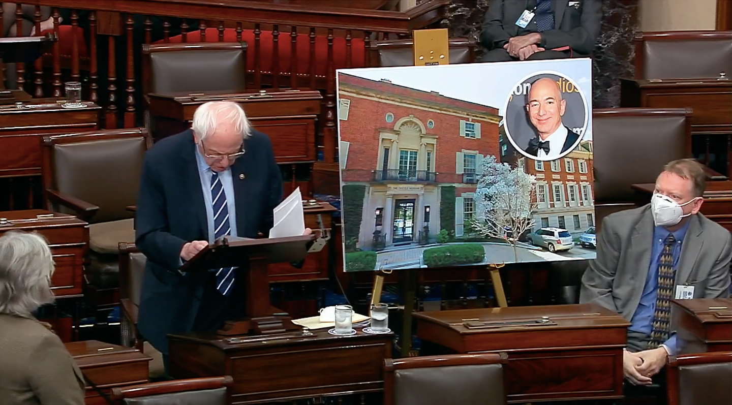 Sen Bernie Sanders delivers a speech on the Senate floor asking for a provision to be removed from a pending bill that would send an additional $10 billion for moon landers.