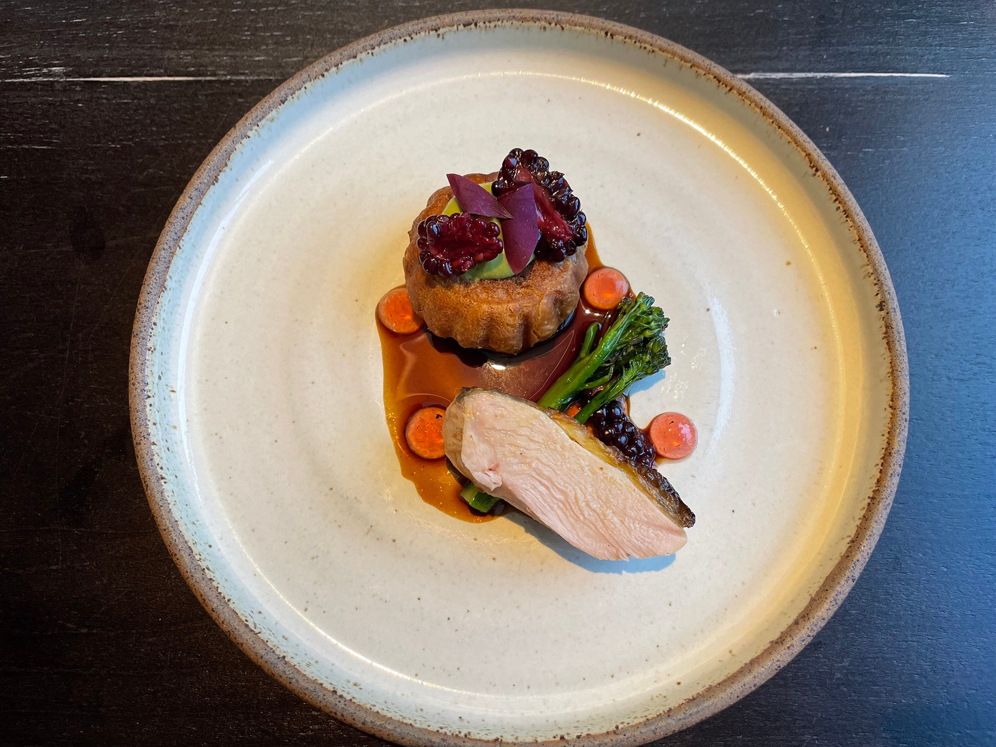 A crown roasted guinea fowl with tenderstem broccoli, which sounds perhaps dull on paper but was lifted by preserved blackberries and blackberry gel