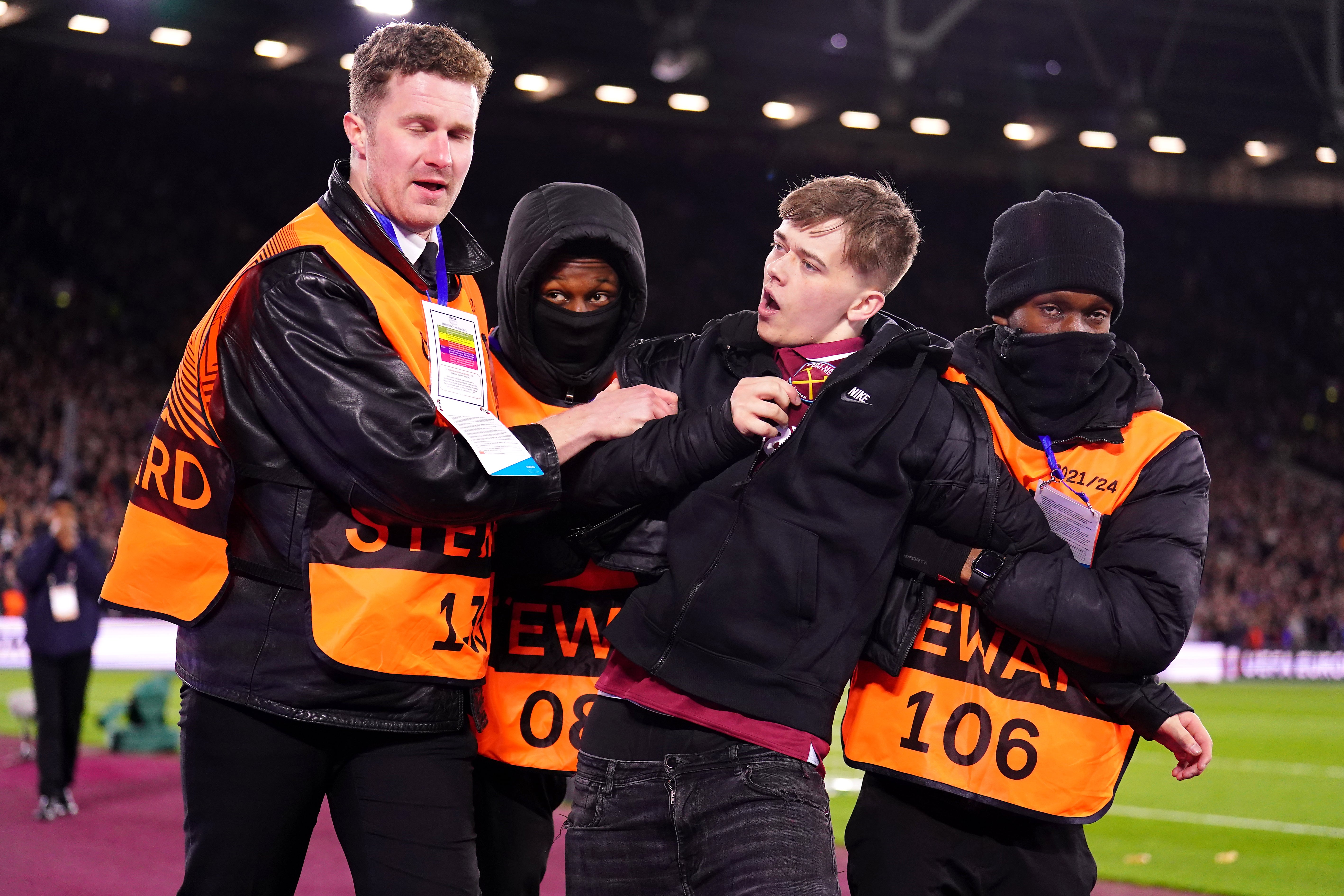 There were two pitch invasions during West Ham’s draw with Lyon (Adam Davy/PA)