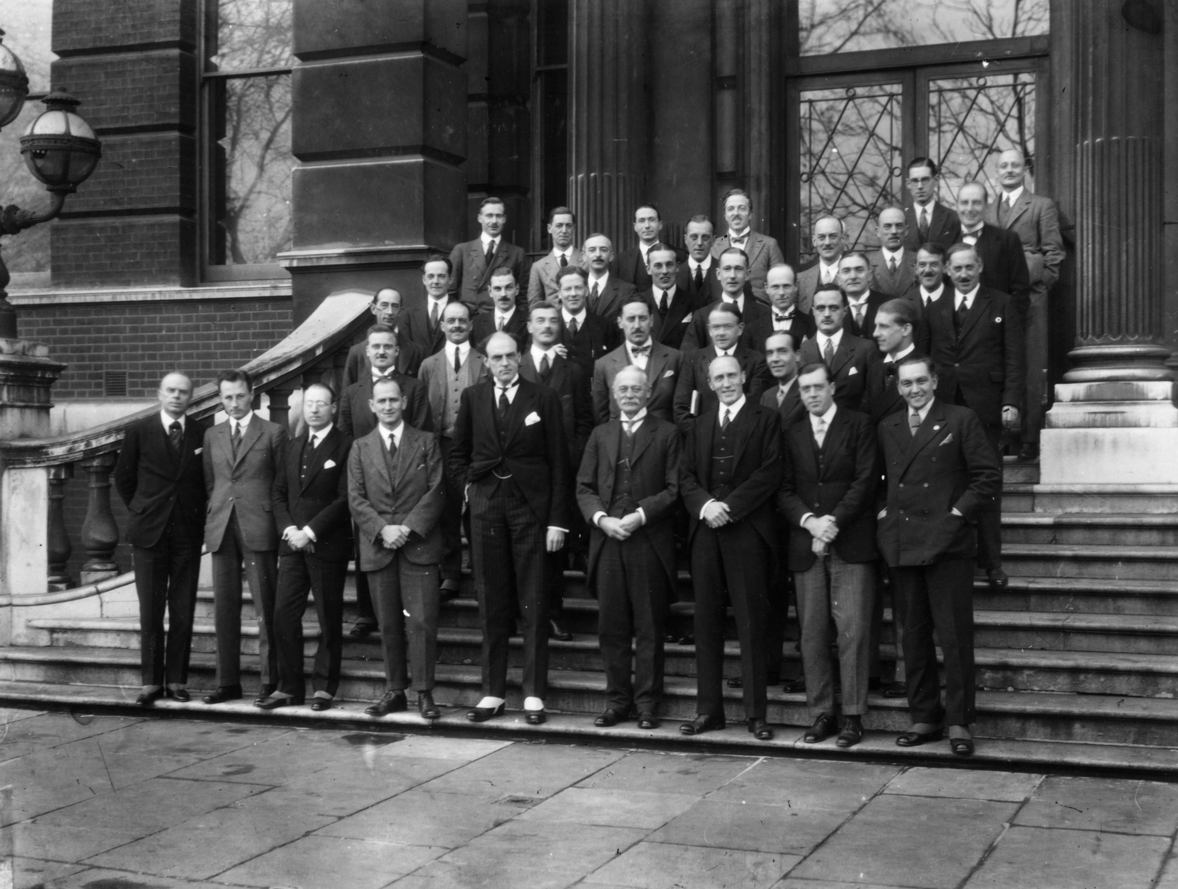 Reith with Joseph Albert Pease Gainsford and BBC consulting engineer Captain Peter Pendleton Eckersley outside No 2, Savoy Hill, London