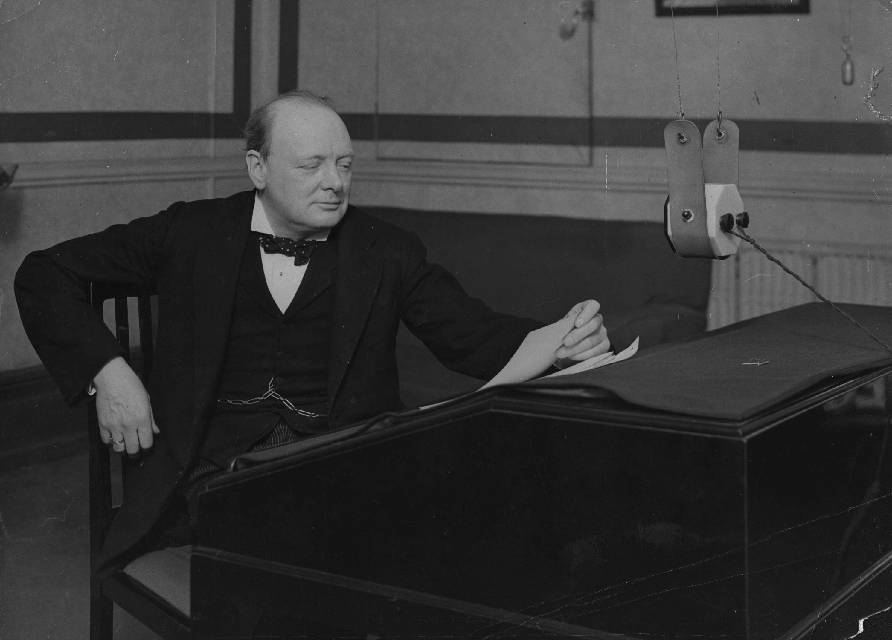 Winston Churchill, Conservative chancellor of the exchequer, broadcasting a summary of his budget from a BBC radio studio