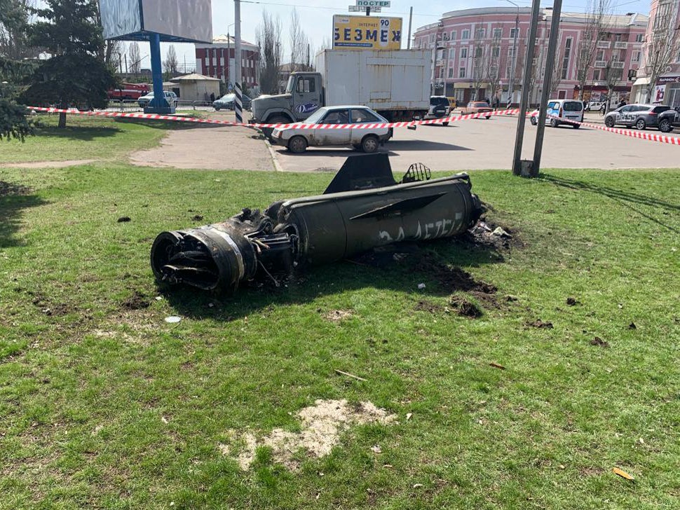 The remains of a rocket are seen in Kramatorsk