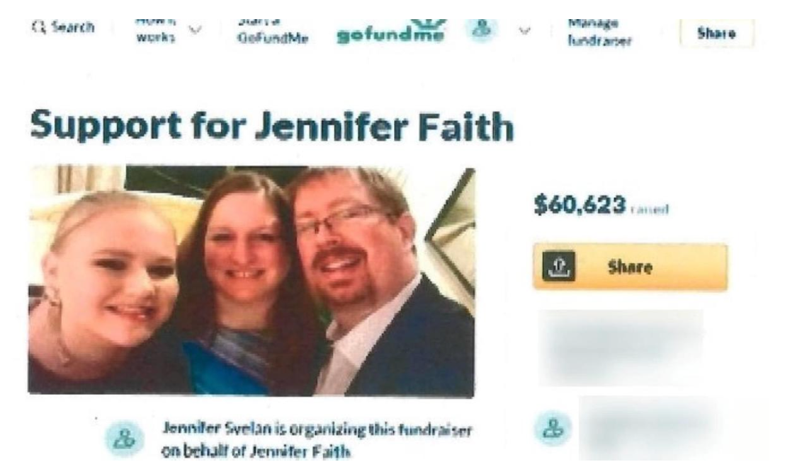 A GoFundme account set up for Jennifer Faith raised more than $60,000