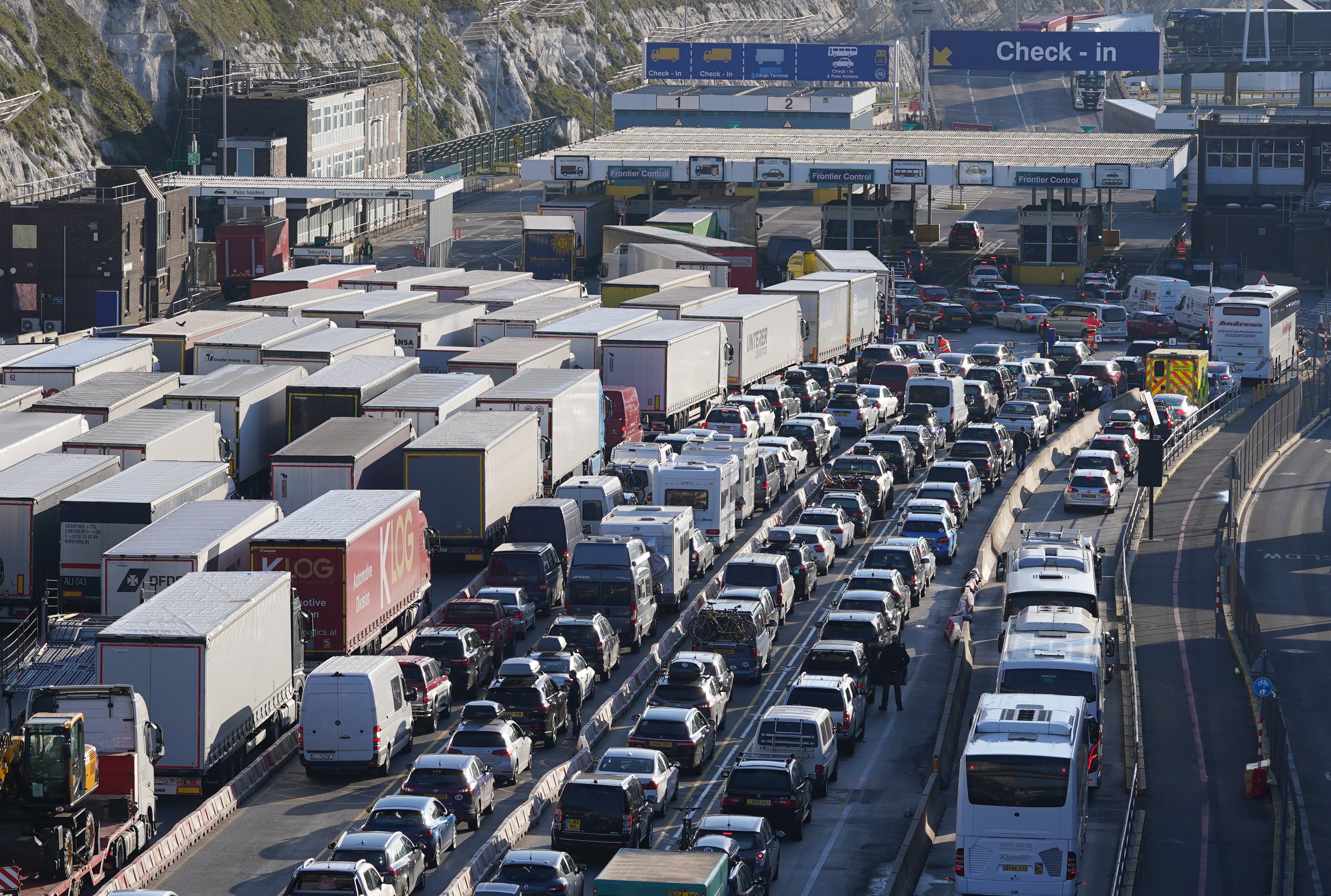 Cars and freight lorries check in at the Port of Dover in Kent (Gareth Fuller/PA)