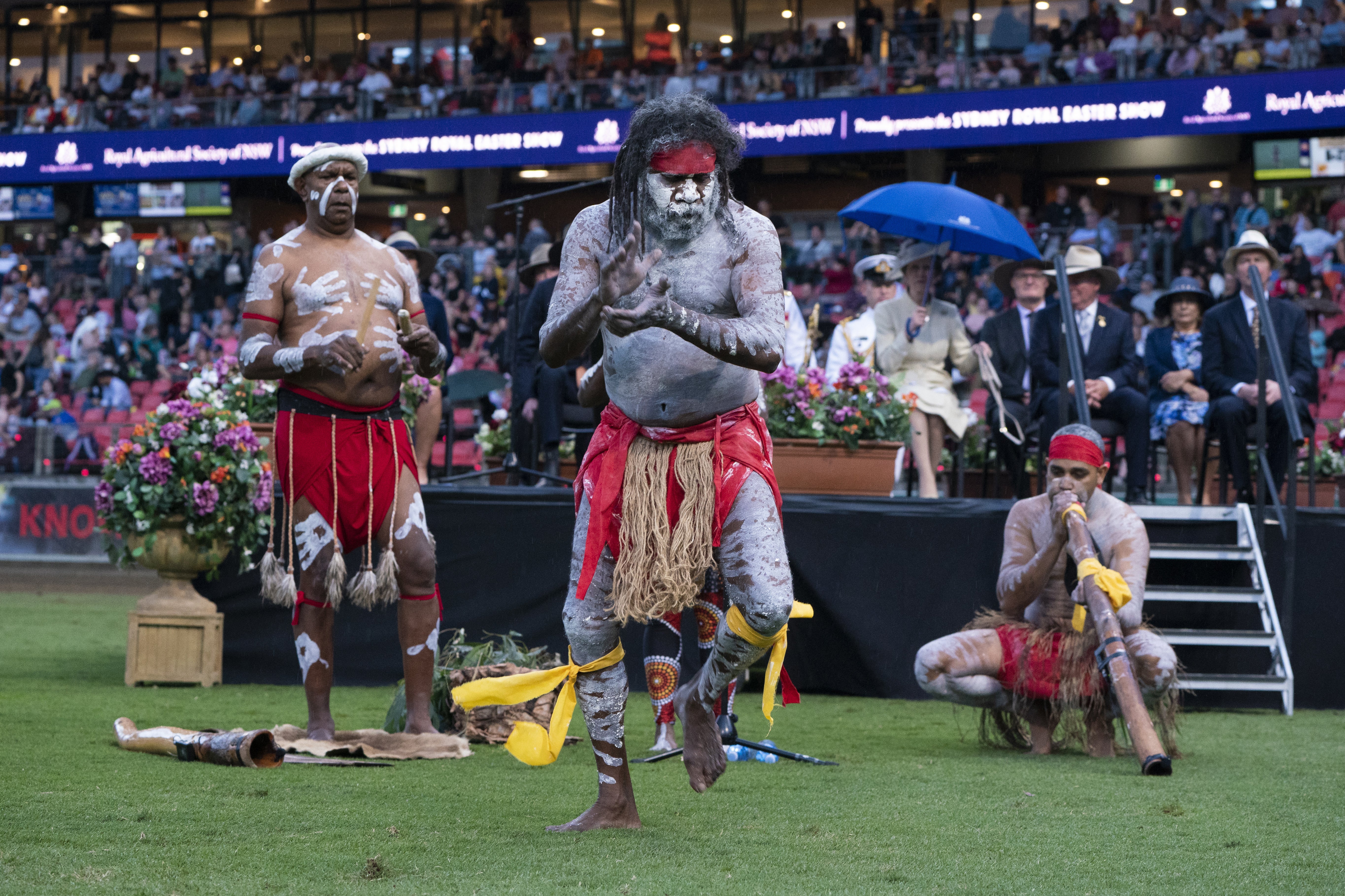 The Princess Royal is welcomed by Australian Aboriginal performers during the opening ceremony of the Sydney Royal Easter Show (Kirsty O’Connor/PA)