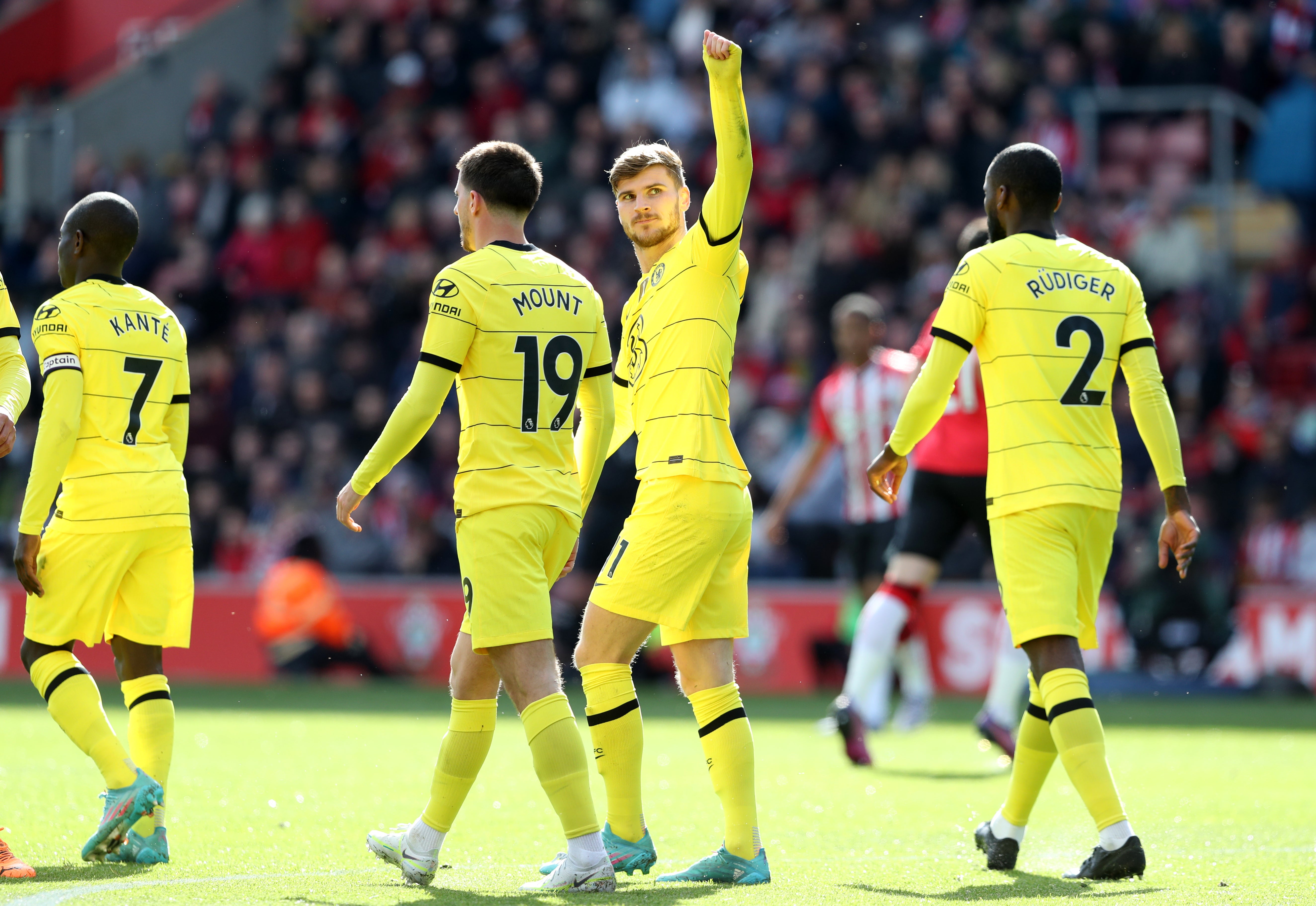 Timo Werner, centre, scored twice in Chelsea’s rout of Southampton (Kieran Cleeves/PA)