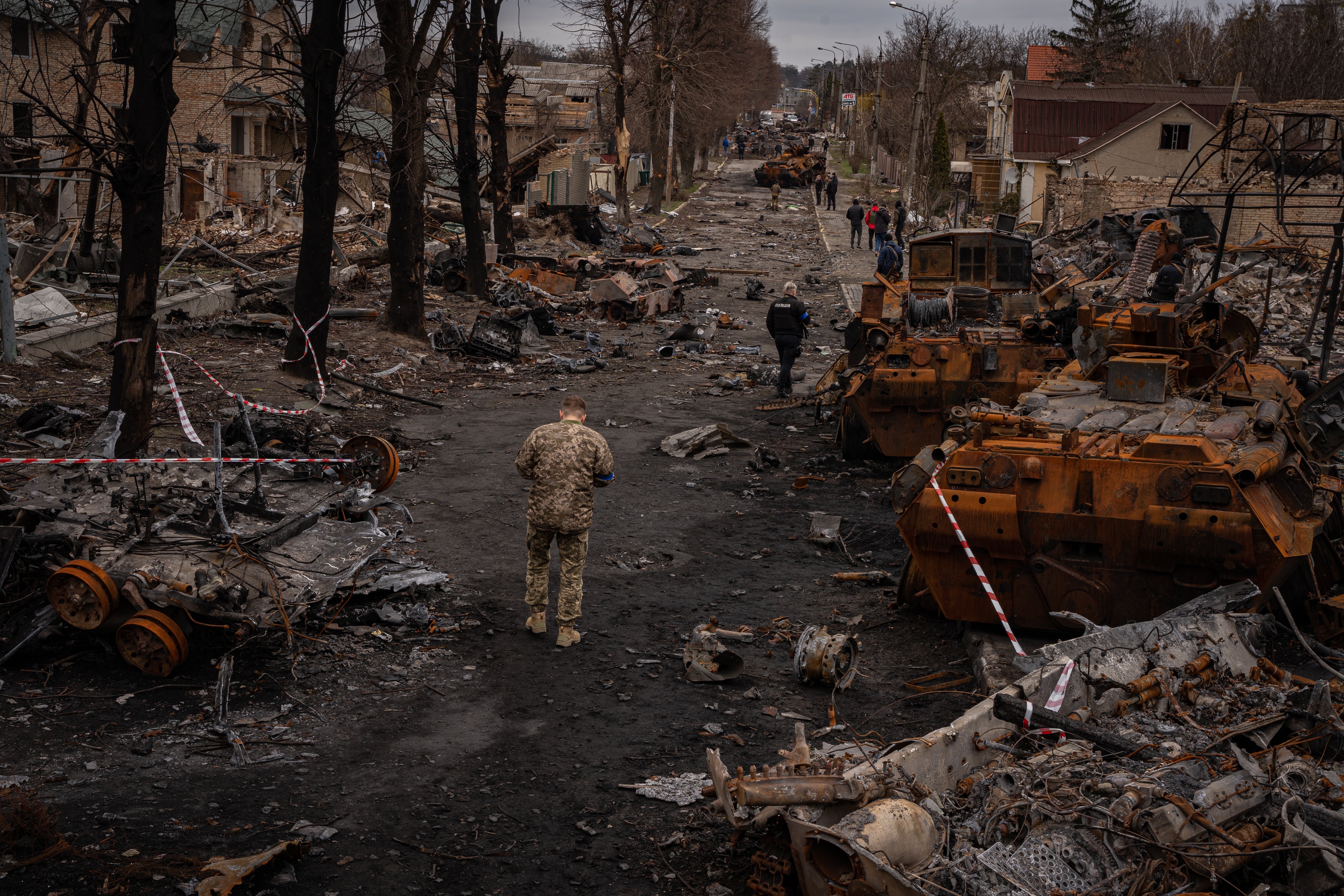 Soldiers work to de-mine some of the hardest hit areas of Bucha, Borodyanka and Hostomel