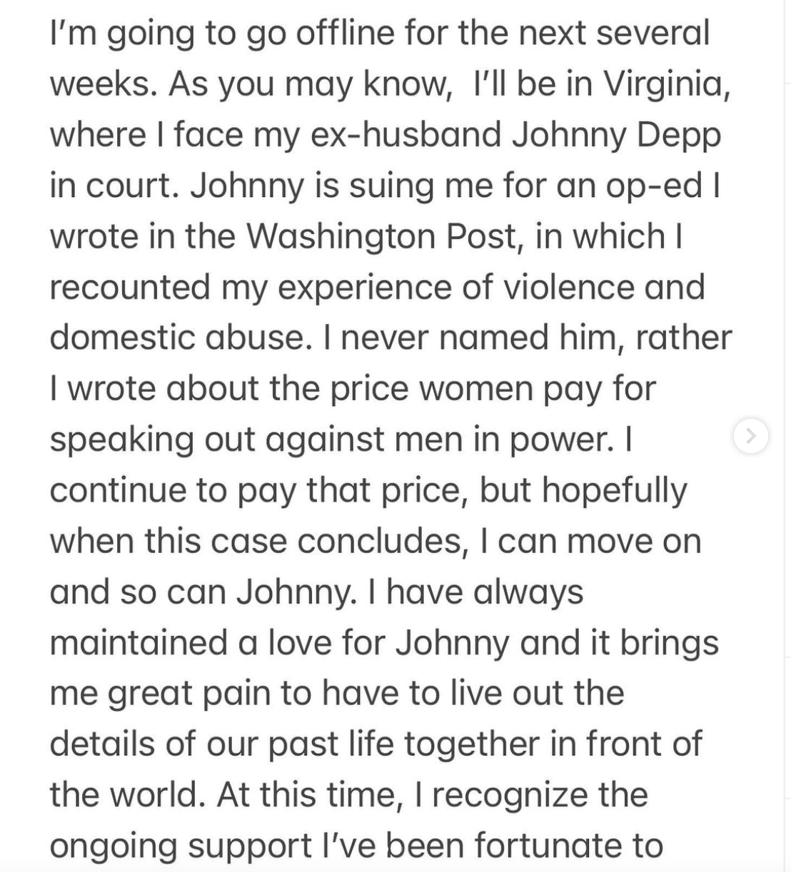 Amber Heard shares public message about Johnny Depp ahead of trial