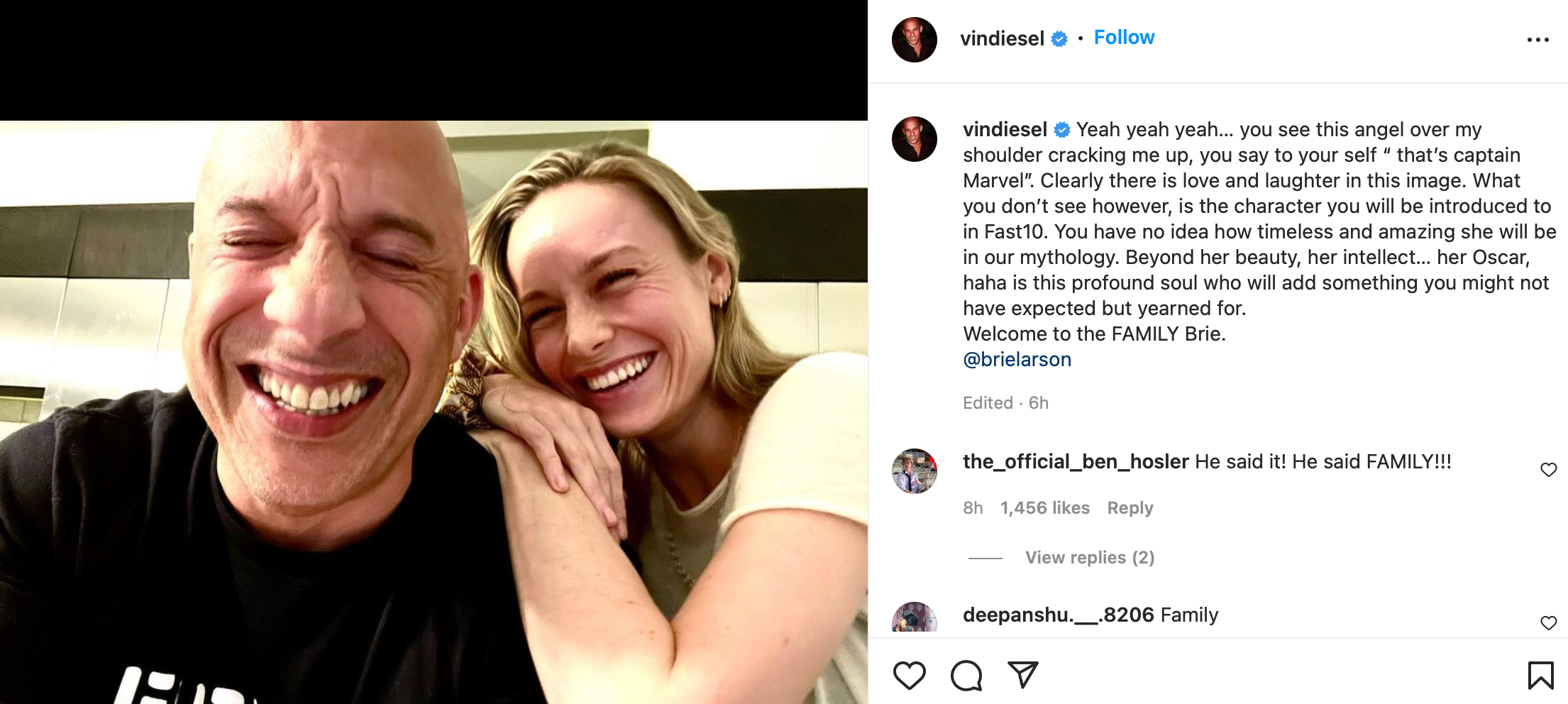 Vin Diesel announced Brie Larson’s ‘Fast & Furious’ casting on Instagram