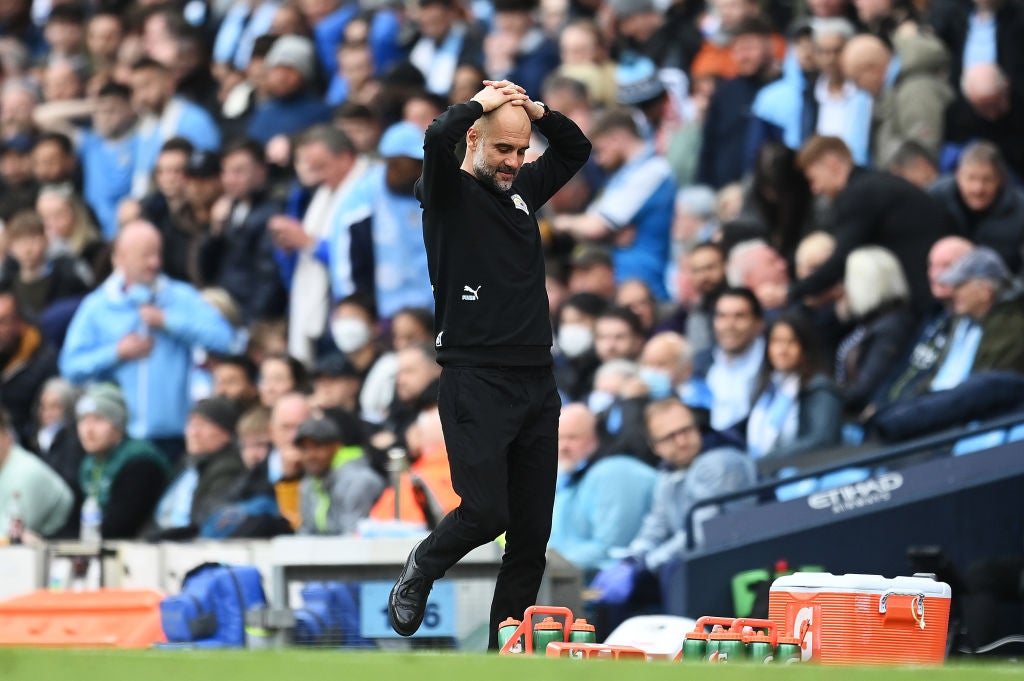 Pep Guardiola reacts to Mahrez’s late miss