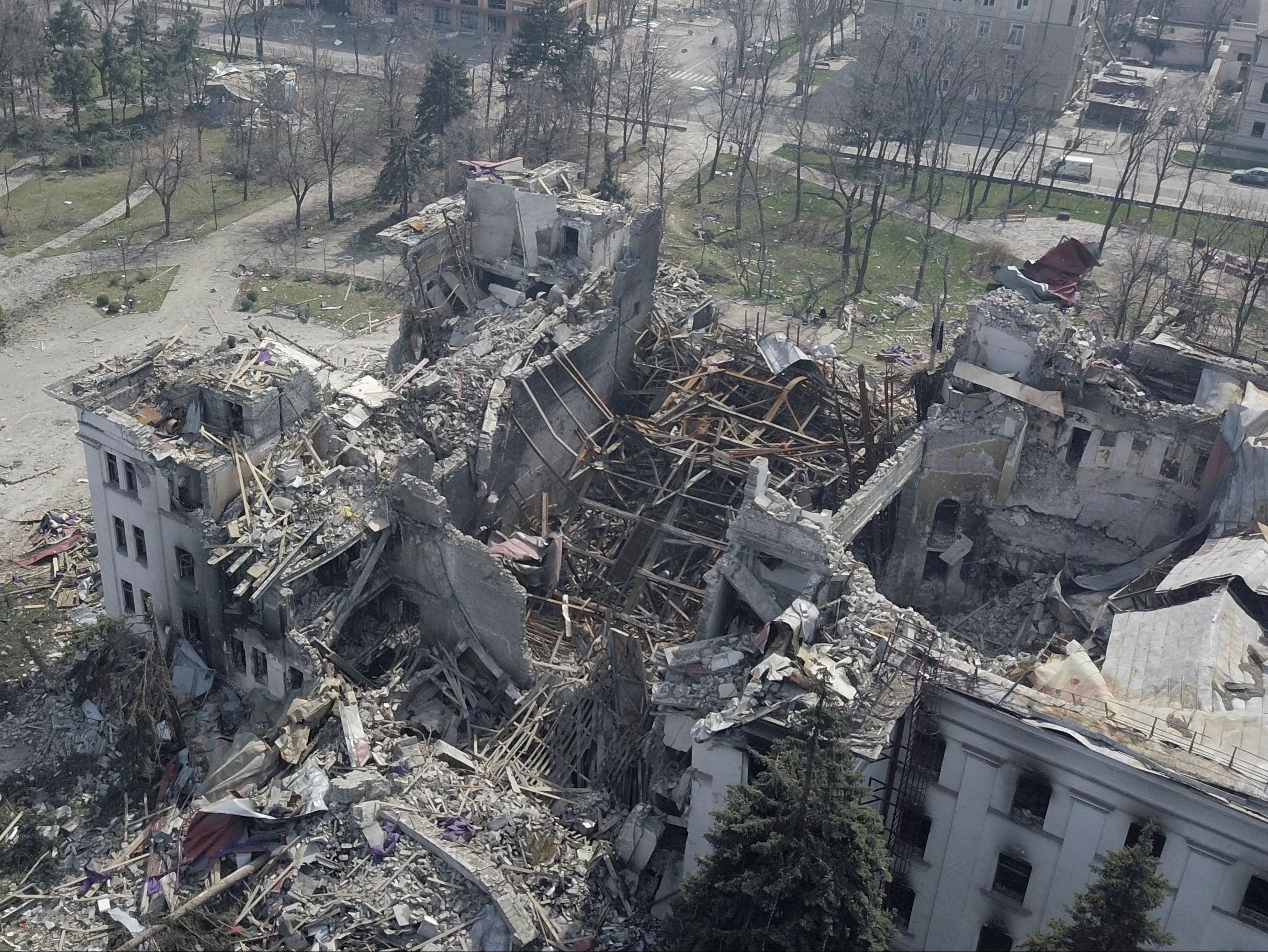 A view shows the building of a destroyed theatre in Mariupol