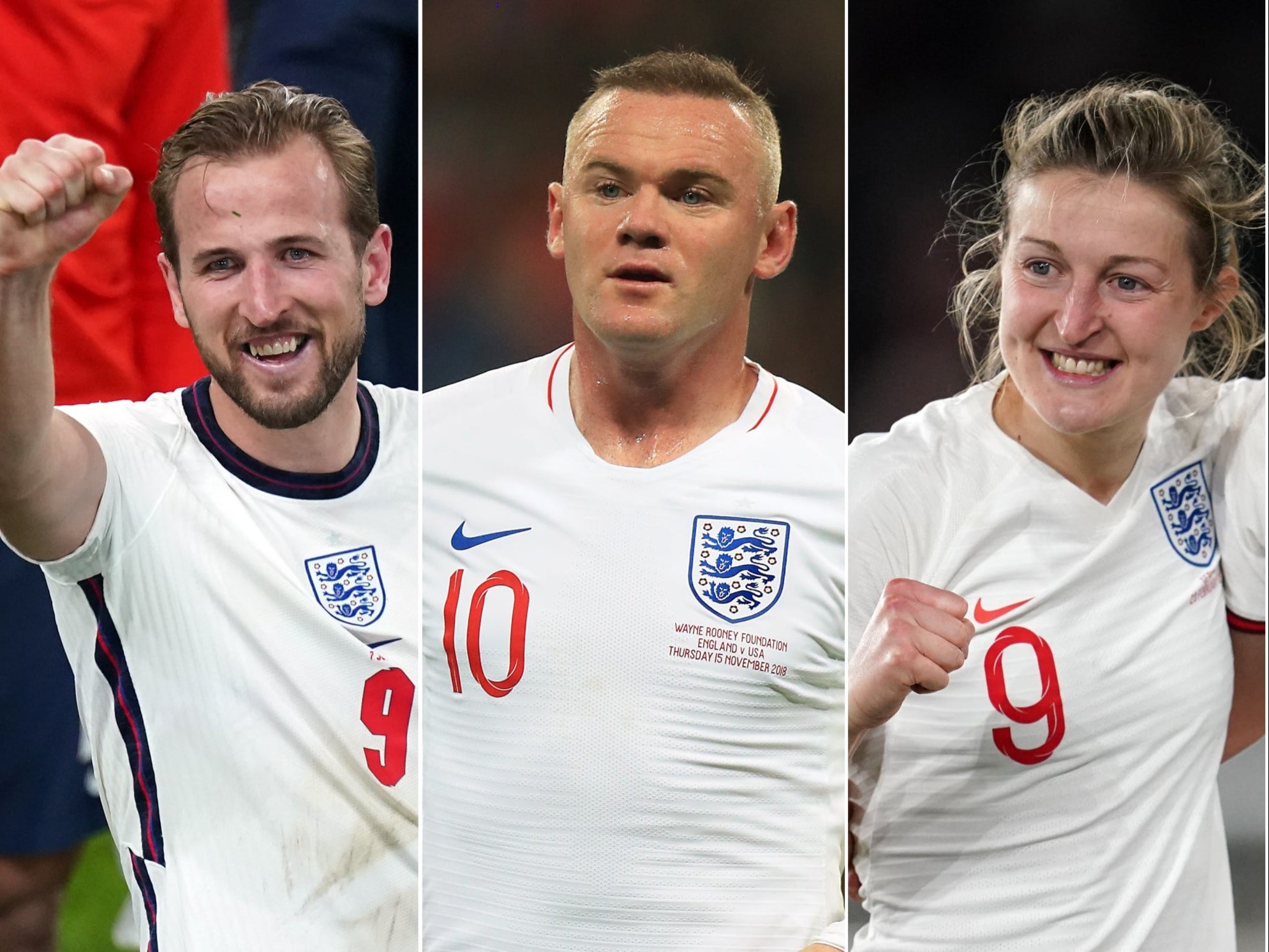 Harry Kane, left, and Ellen White are chasing the record of Wayne Rooney, centre