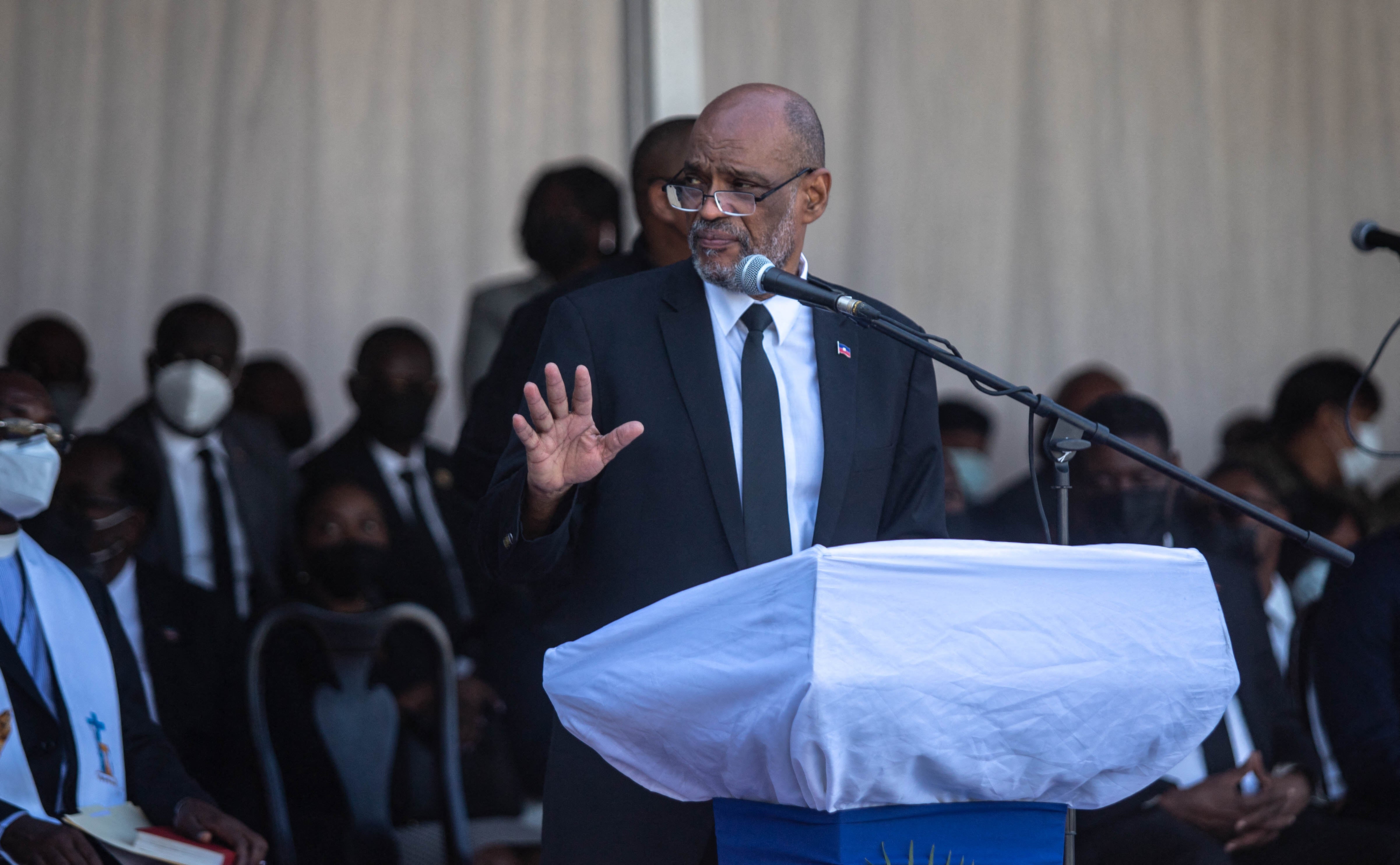 Haitian PM Ariel Henry speaks during memorial in Port-au-Prince earlier this year