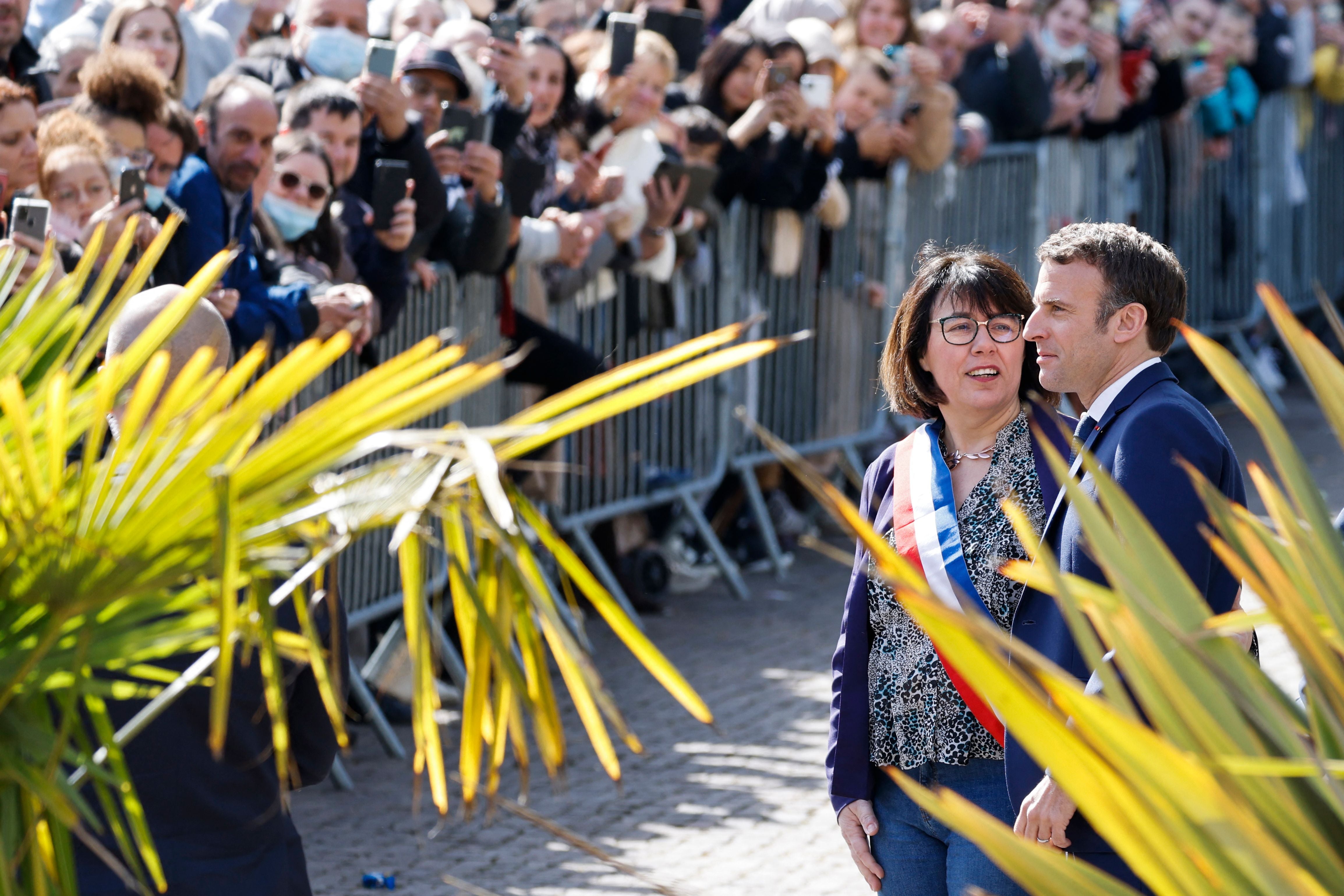 Denain’s mayor Anne-Lise Dufour-Tonini welcomes Emmanuel Macron during a one day visit of Hauts-de-France, at the town hall in Denain