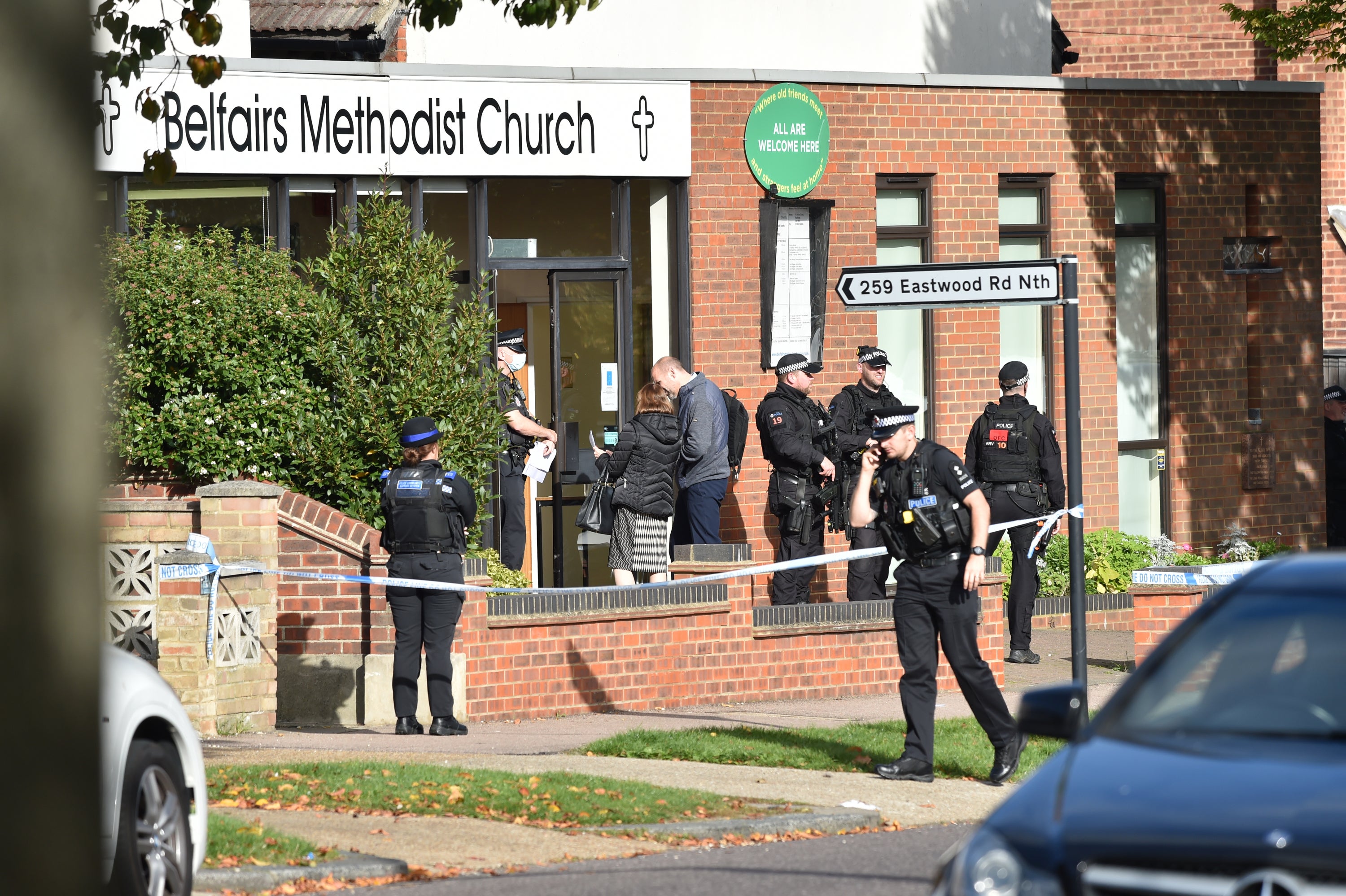 Armed police officers outside Belfairs Methodist Church in Leigh-on-Sea, Essex, where David Amess was stabbed to death