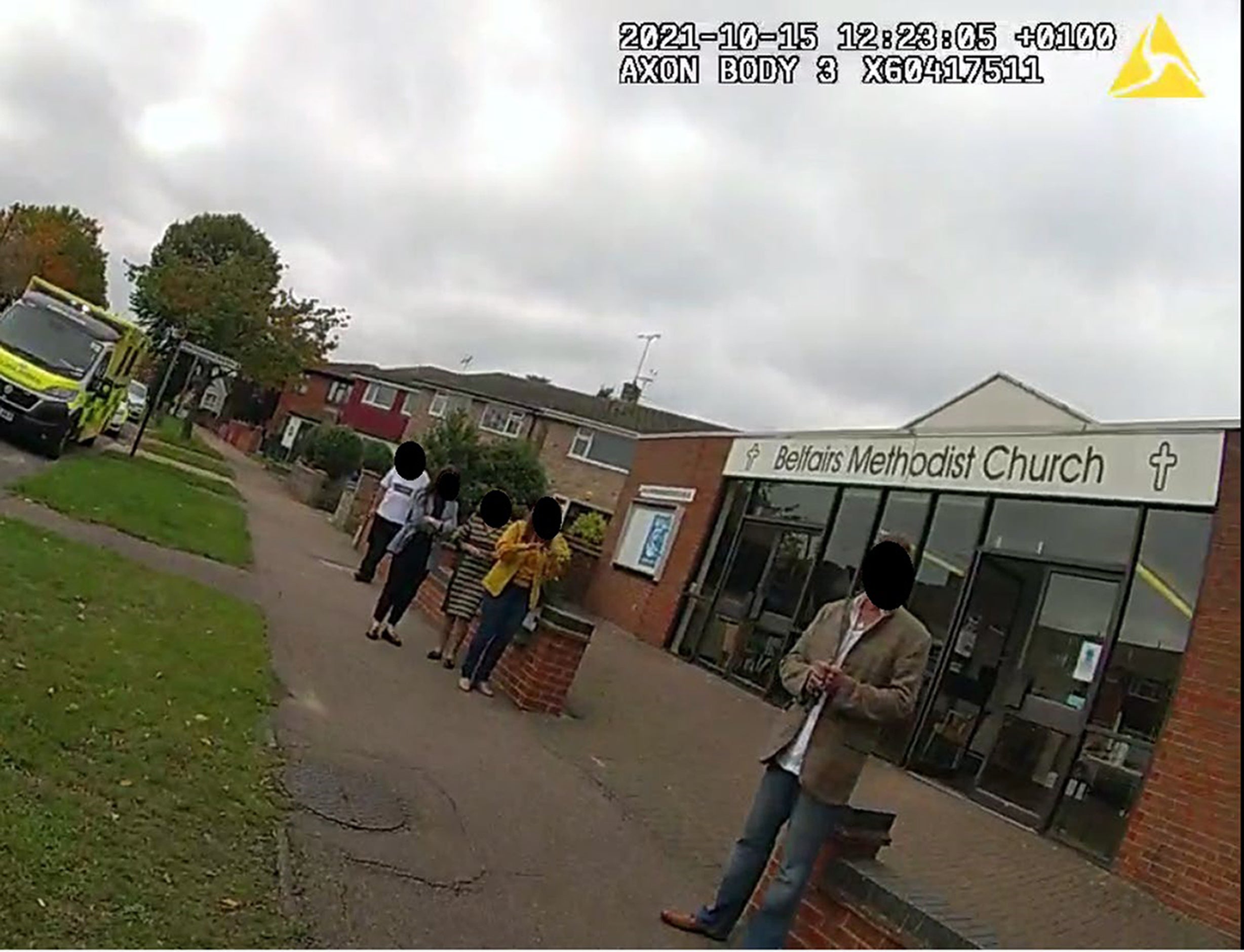 Bodycam footage taken at Belfairs Methodist Church showing (from left to right) an unknown person in a white T-shirt, Rebecca Hayton, Julie Cushion, Yvonne Eaves, and Darren King