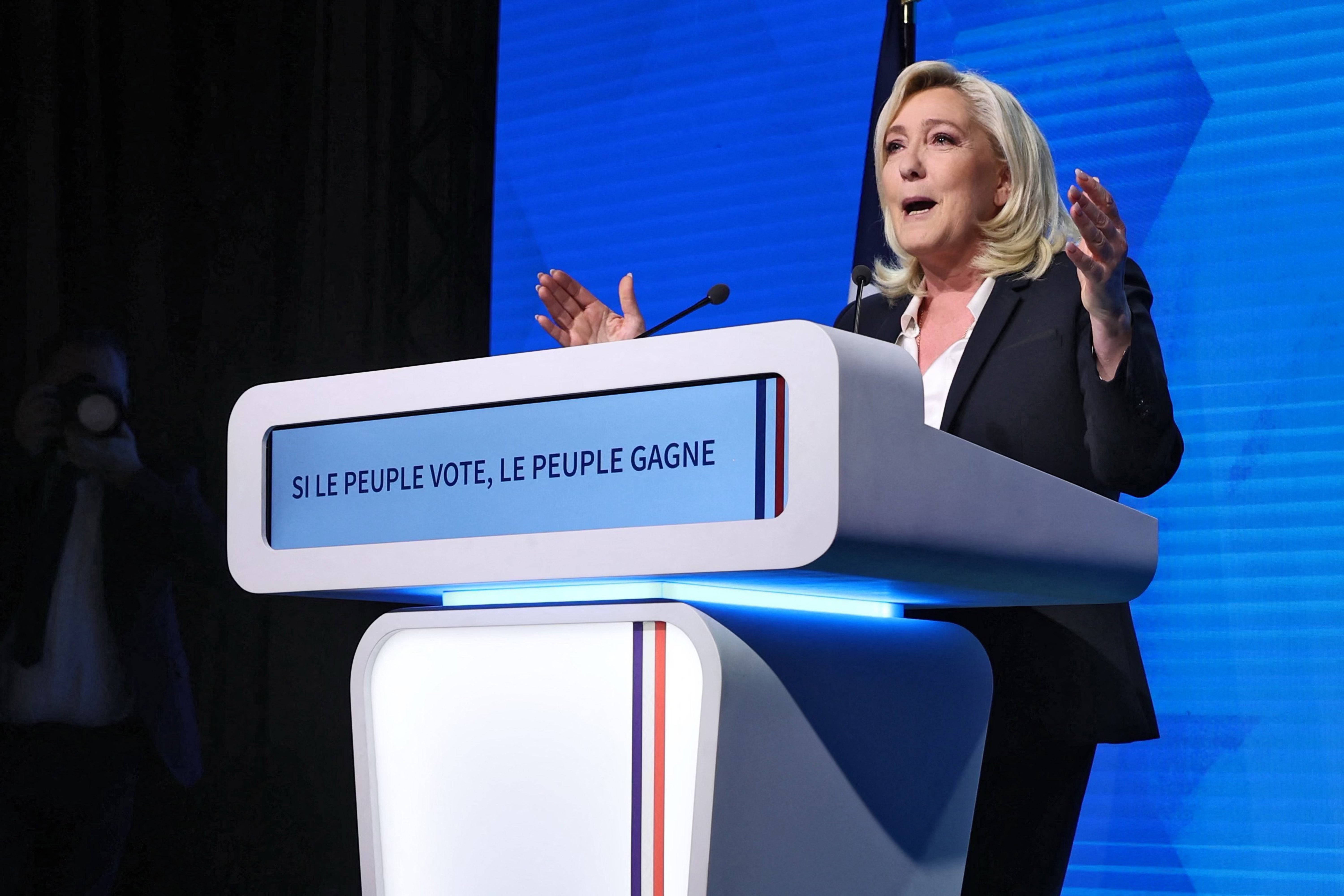 Marine Le Pen addresses party supporters after the first results of the first round of the presidential election in Paris