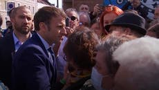 Emmanuel Macron meets locals in Marine Le Pen stronghold after first round of voting in election