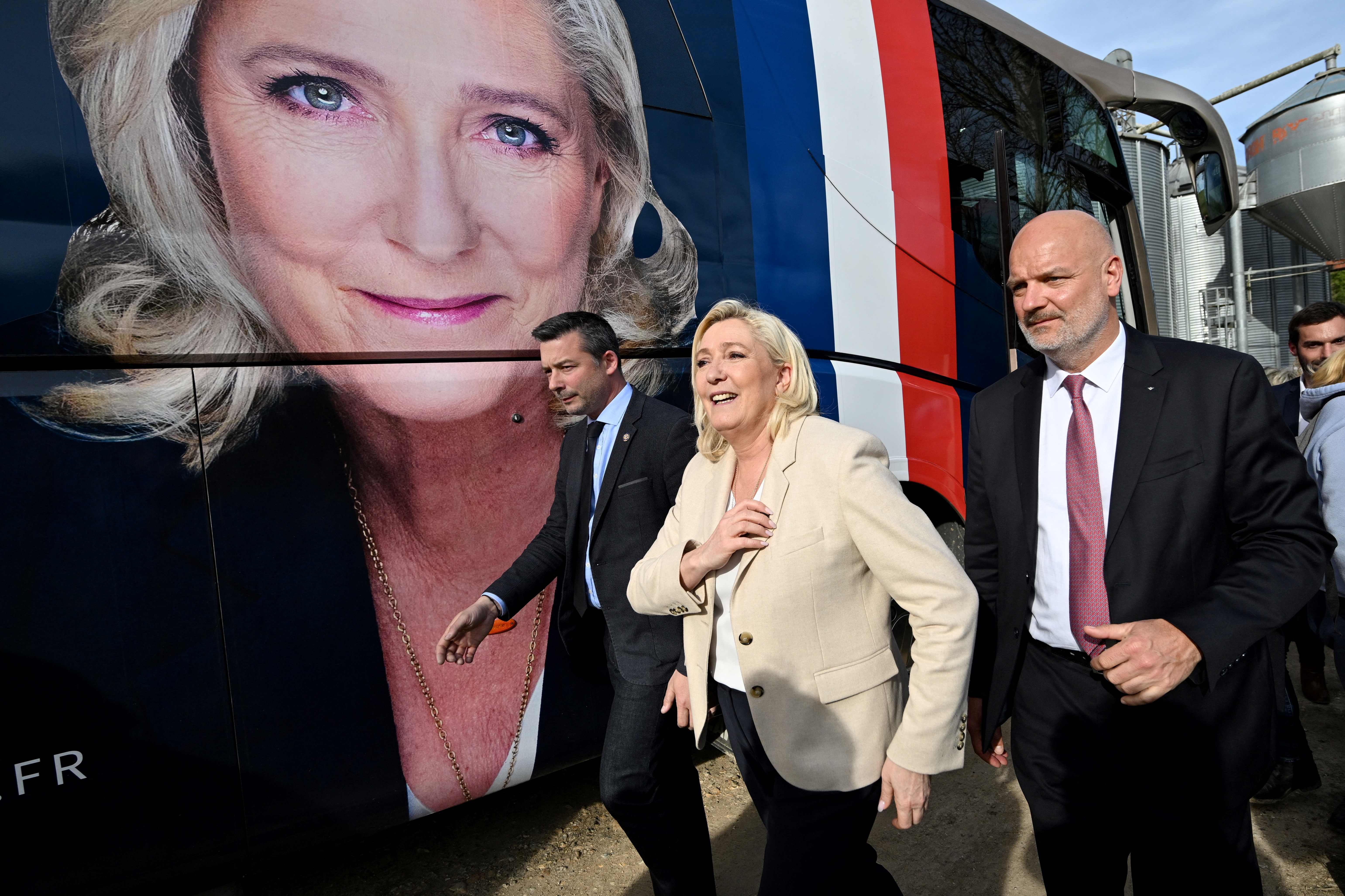 Marine Le Pen arrives in Soucy, Burgundy, on 11 April