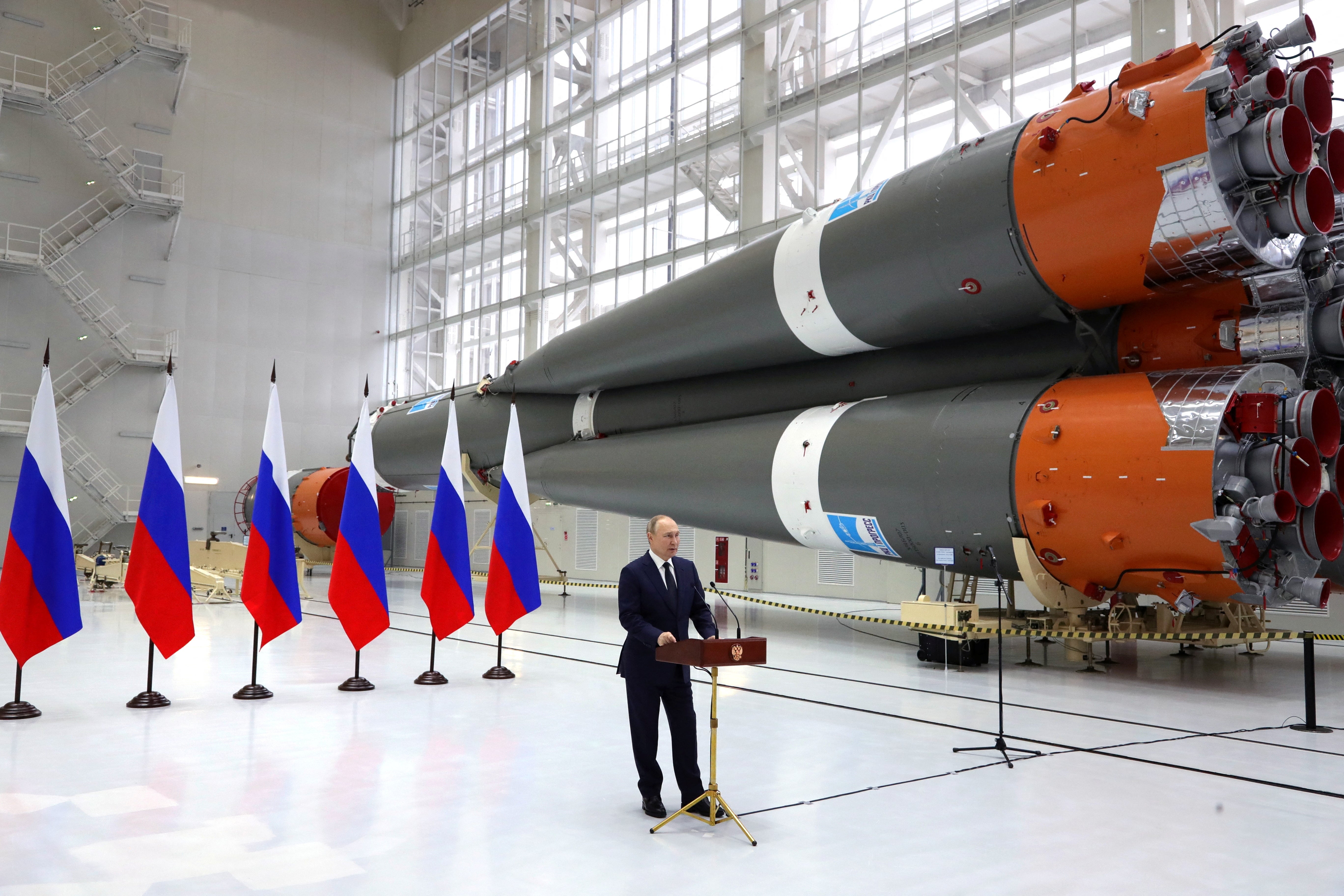 Vladimir Putin delivers a speech as he visits the Vostochny Cosmodrome