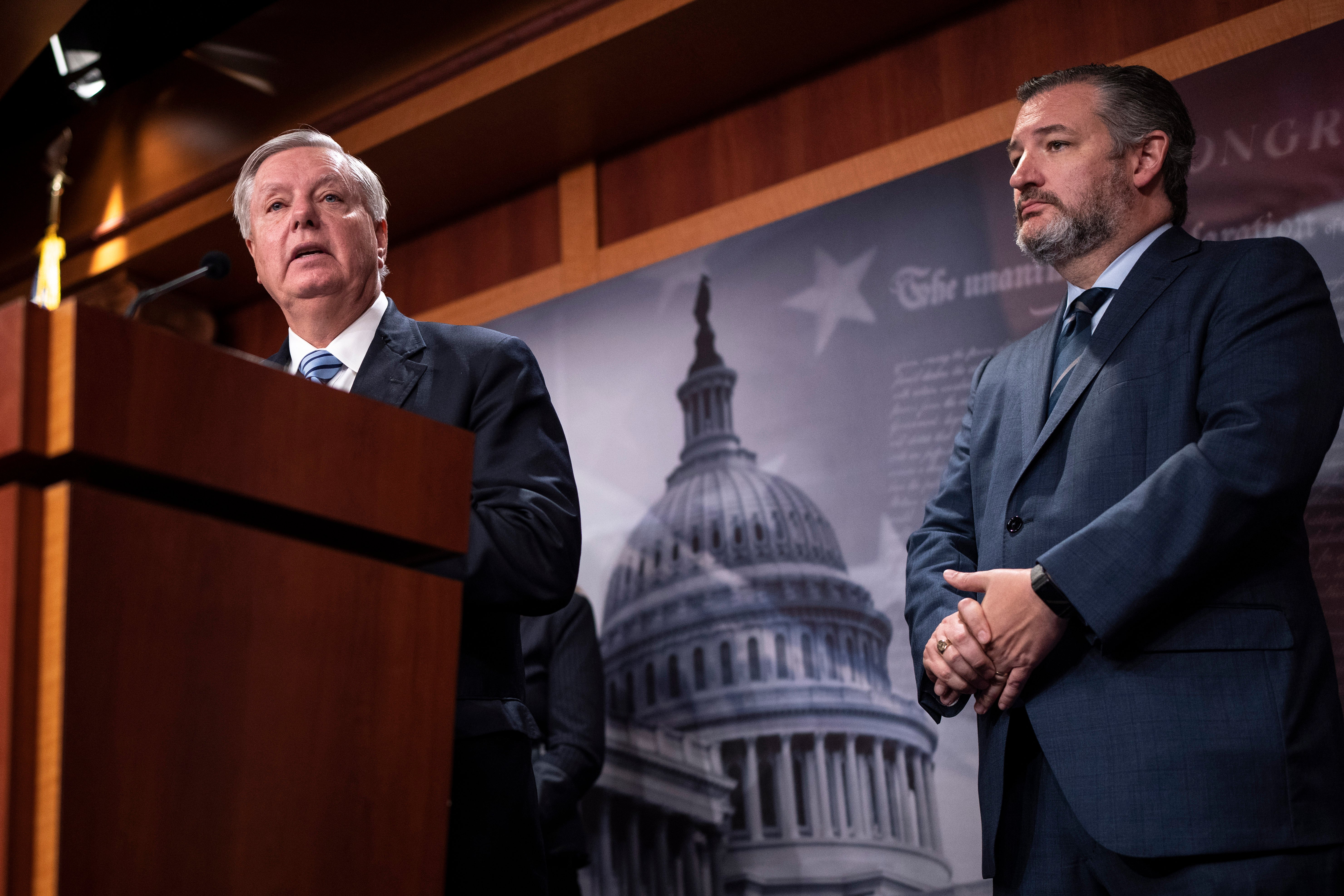 Sen. Lindsey Graham (R-SC) and Sen. Ted Cruz (R-TX) speak during a news conference about the confirmation vote for Supreme Court nominee Ketanji Brown Jackson at the U.S. Capitol on April 7, 2022 in Washington, DC. The full Senate voted today to confirm the nomination of Supreme Court nominee Judge Ketanji Brown Jackson with a vote of 53-47. (Photo by Drew Angerer/Getty Images)