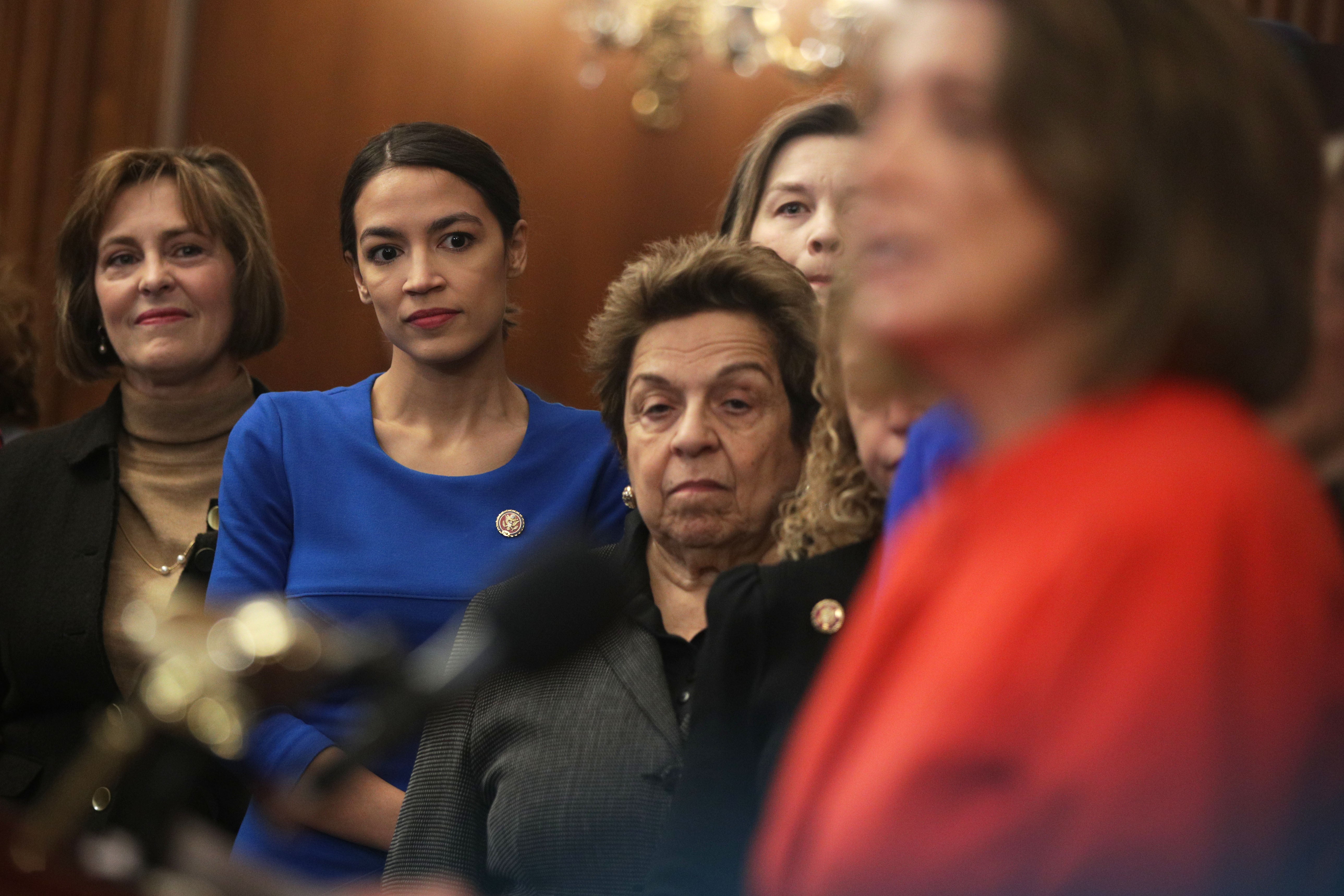 Congresswoman Alexandria Ocasio-Cortez and others listen to Pelosi – realising she’s super progressive, just like them