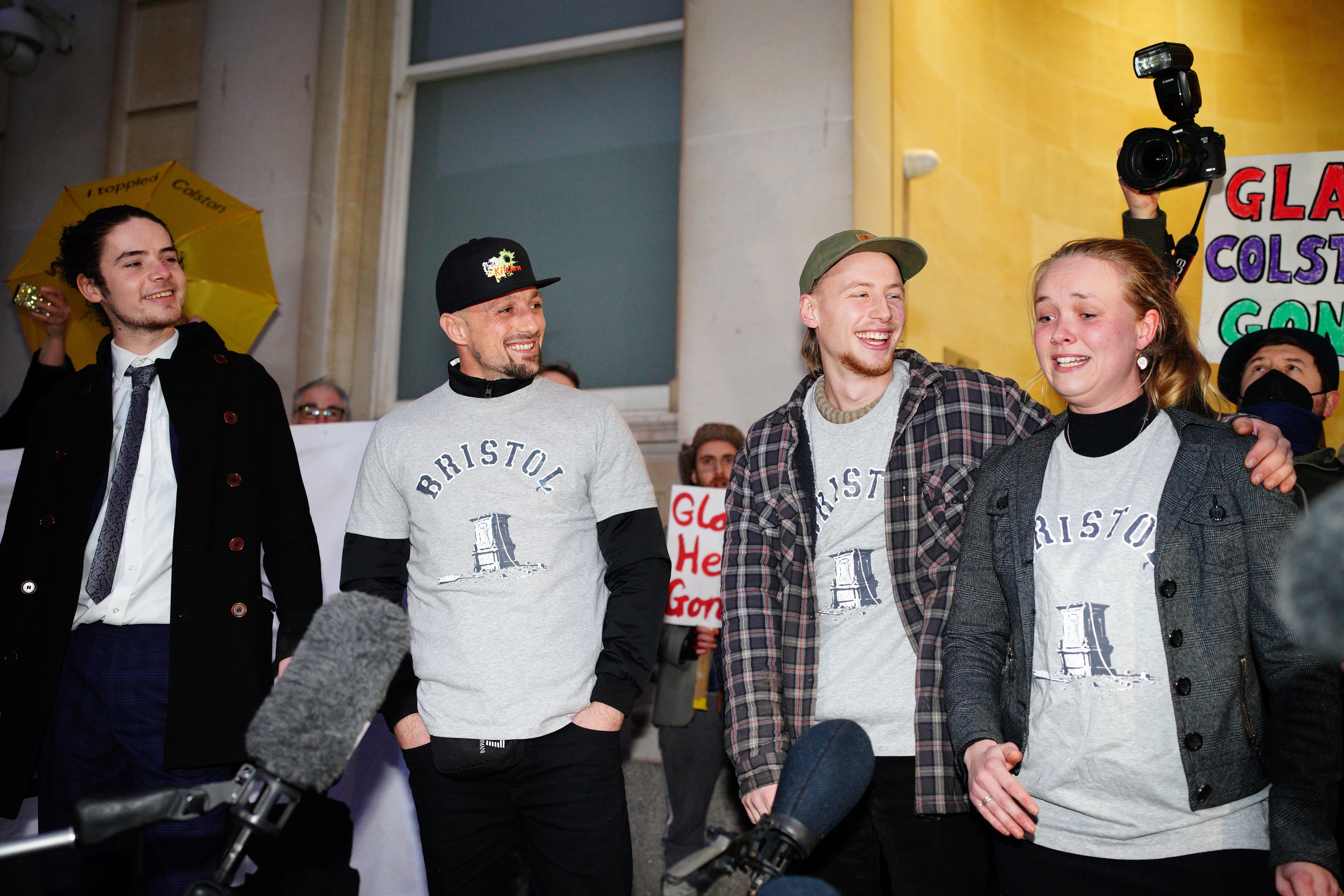 Left to right: Sage Willoughby, Jake Skuse, Milo Ponsford and Rhian Graham outside Bristol Crown Court following their acquittal