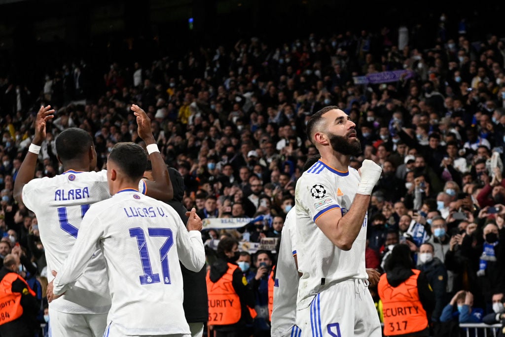 Real Madrid’s Karim Benzema celebrates scoring Madrid’s decisive second goal