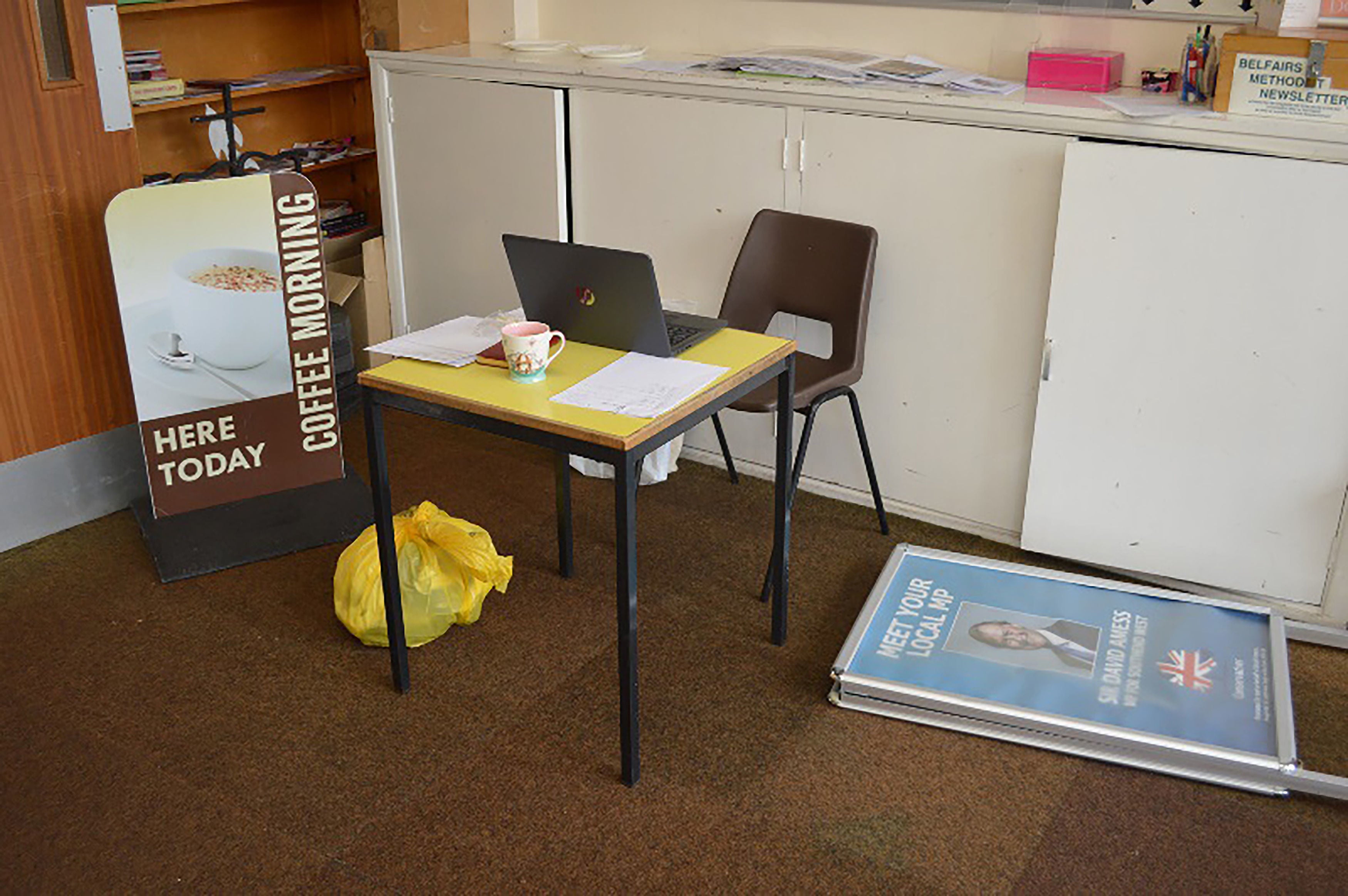 The greeting desk at Belfairs Methodist Church on October 15 2021, where Sir David Amess was holding a constituency surgery when he was killed