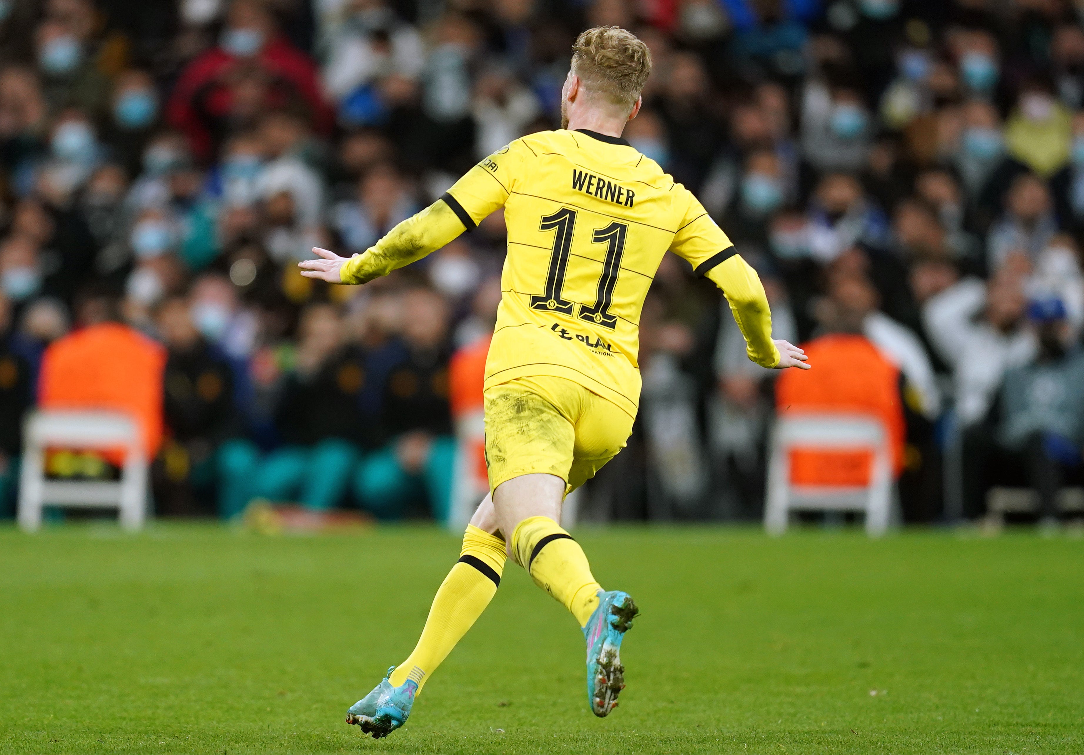 Timo Werner, pictured, celebrates scoring the goal that he thought had sent Chelsea past Real Madrid in the Champions League (Nick Potts/PA)