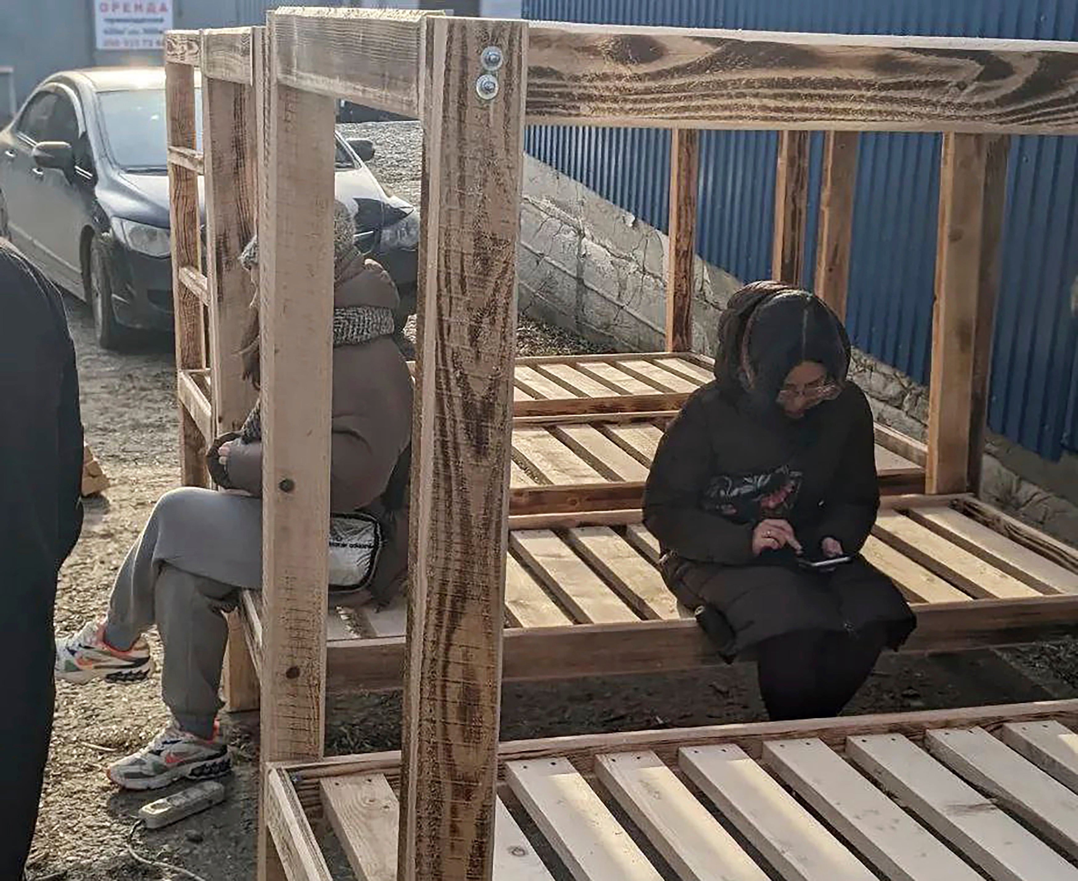 Makeshift beds made by volunteers for internally displaced people in Chernivtsi