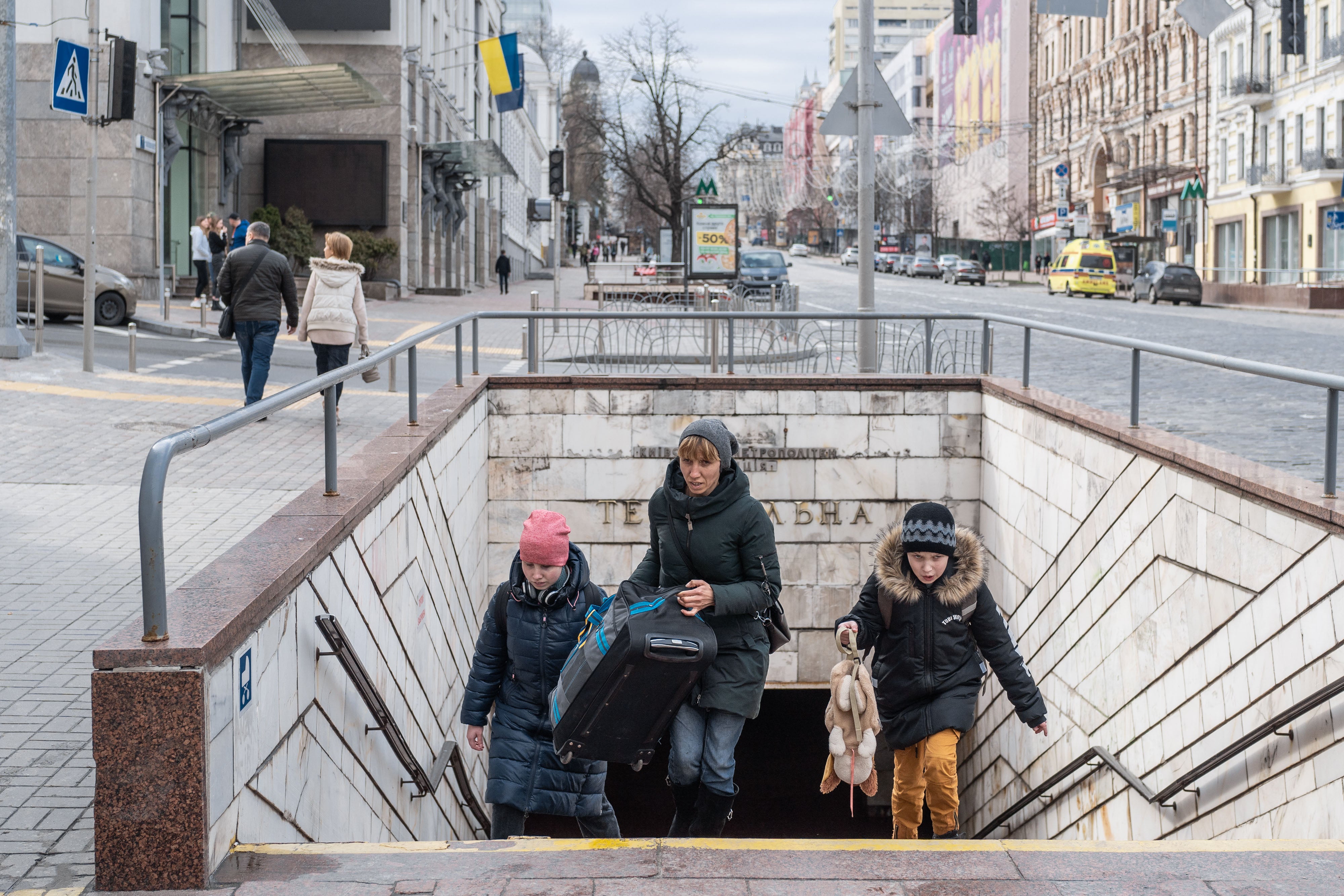 People exit the Teatralna subway station in downtown Kyiv. Many are feeling more secure now that Russian forces have pulled away from the capital