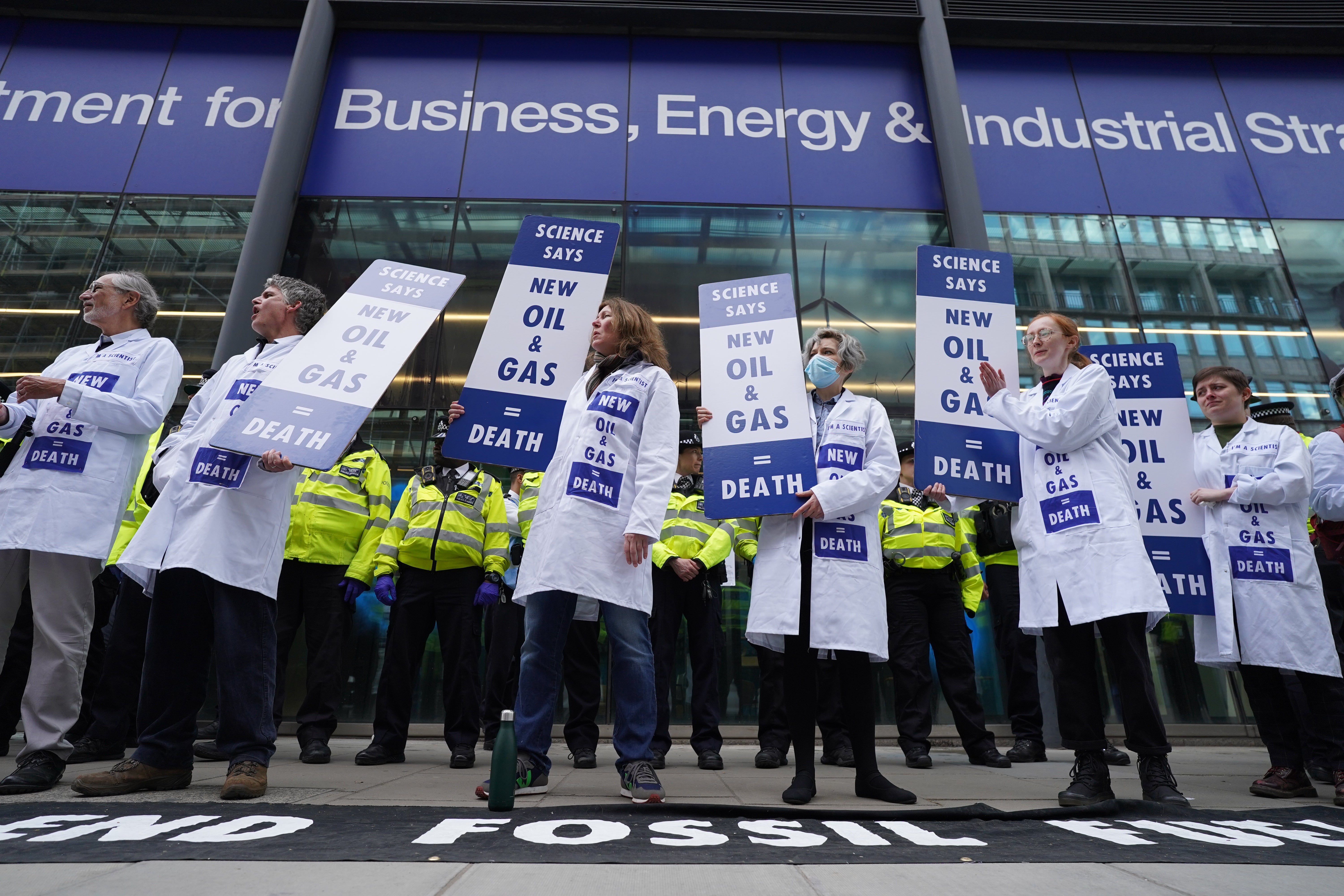 Demonstrators outside the Department for Business in London