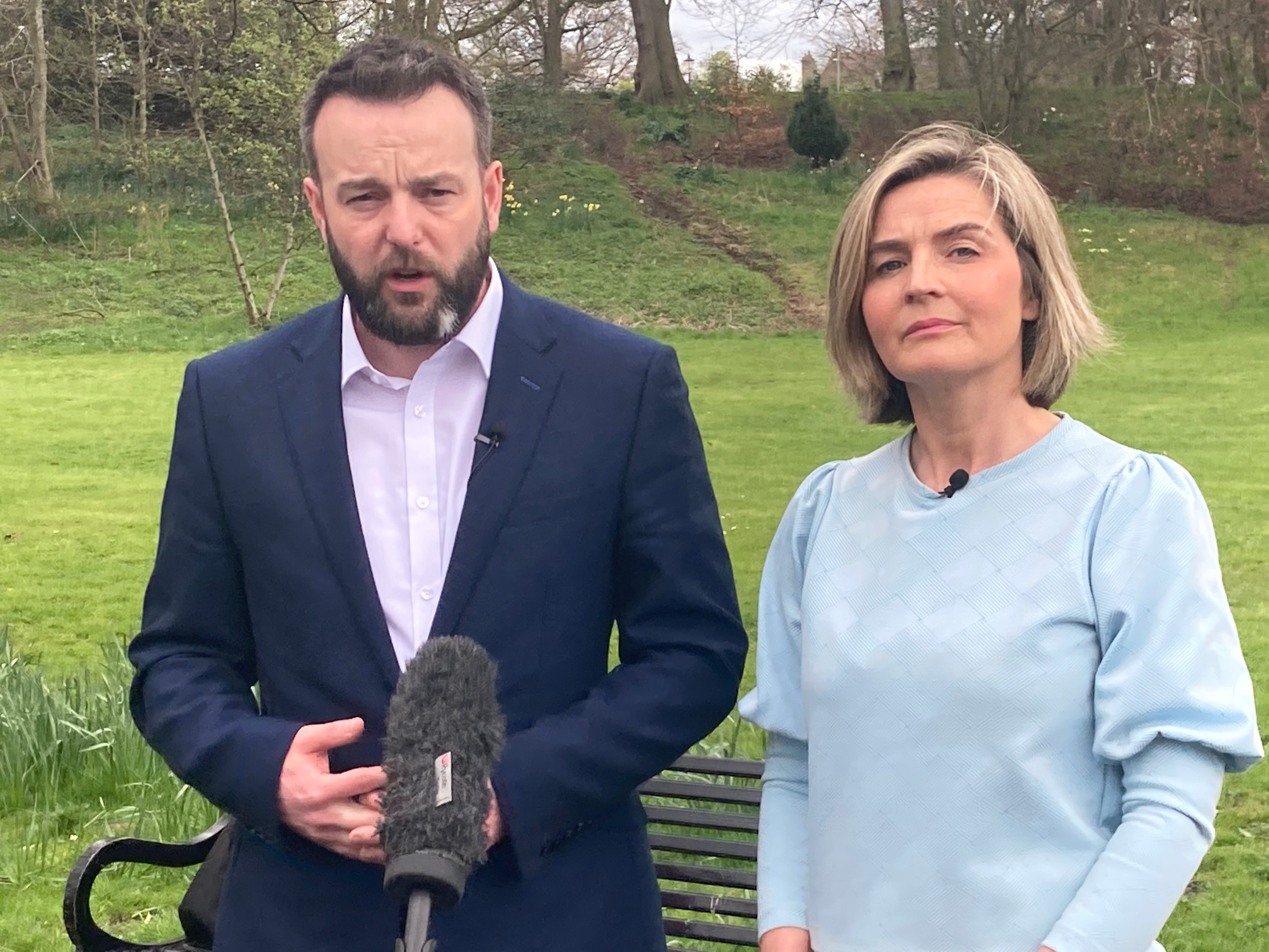 SDLP leader Colum Eastwood with South Belfast candidate Elsie Trainor (Rebecca Black/PA)