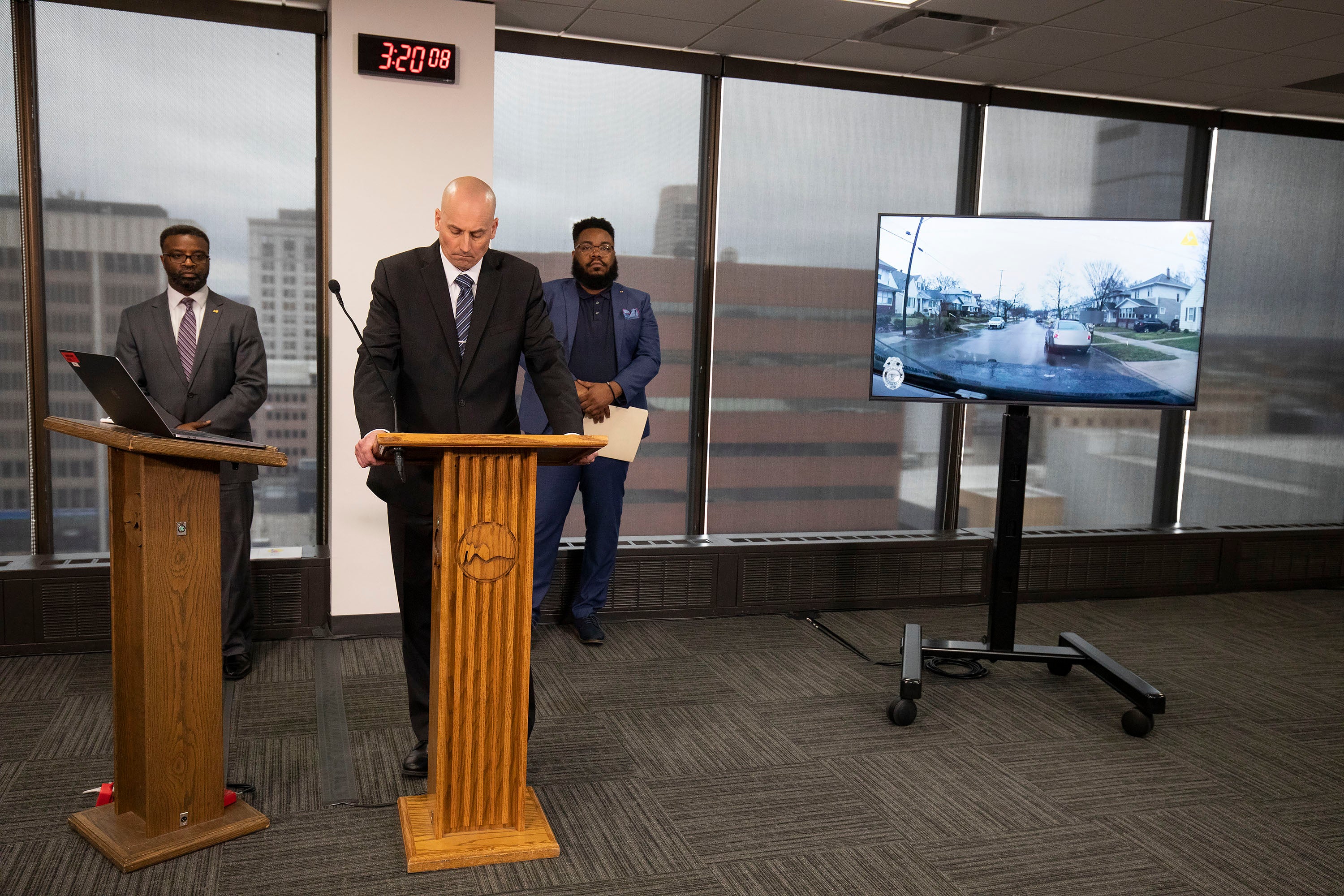 Grand Rapids Police Chief Eric Winstrom stands at a press conference showing video footage of the fatal police shooting of Patrick Lyoya.