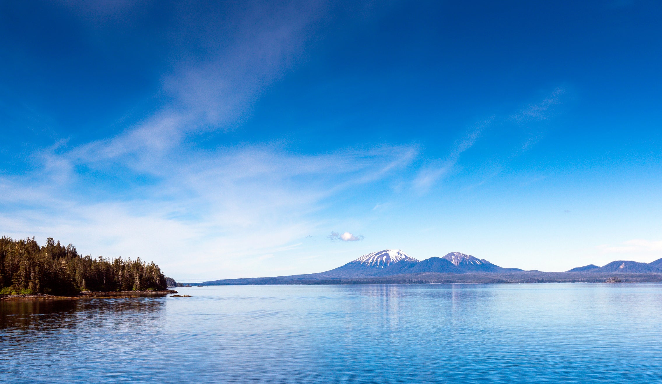 A view of Mount Edgecumbe from one of the ferries that traverses the Inside Passage. Mount Edgecumbe is a dormant volcano located at the southern end of Kruzof Island.