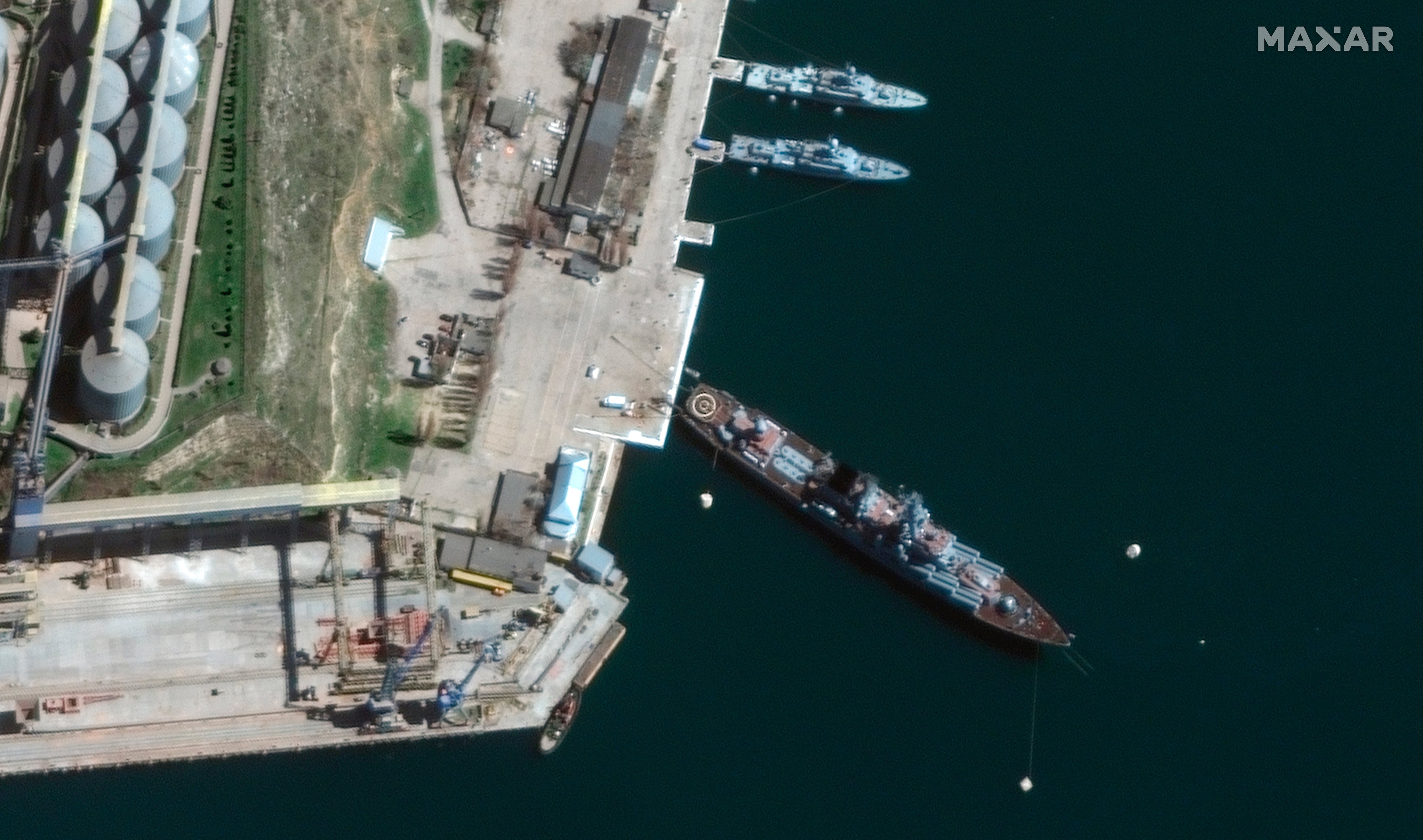 Moskva shown in satellite imagery provided by Maxar in port in Crimea earlier this month