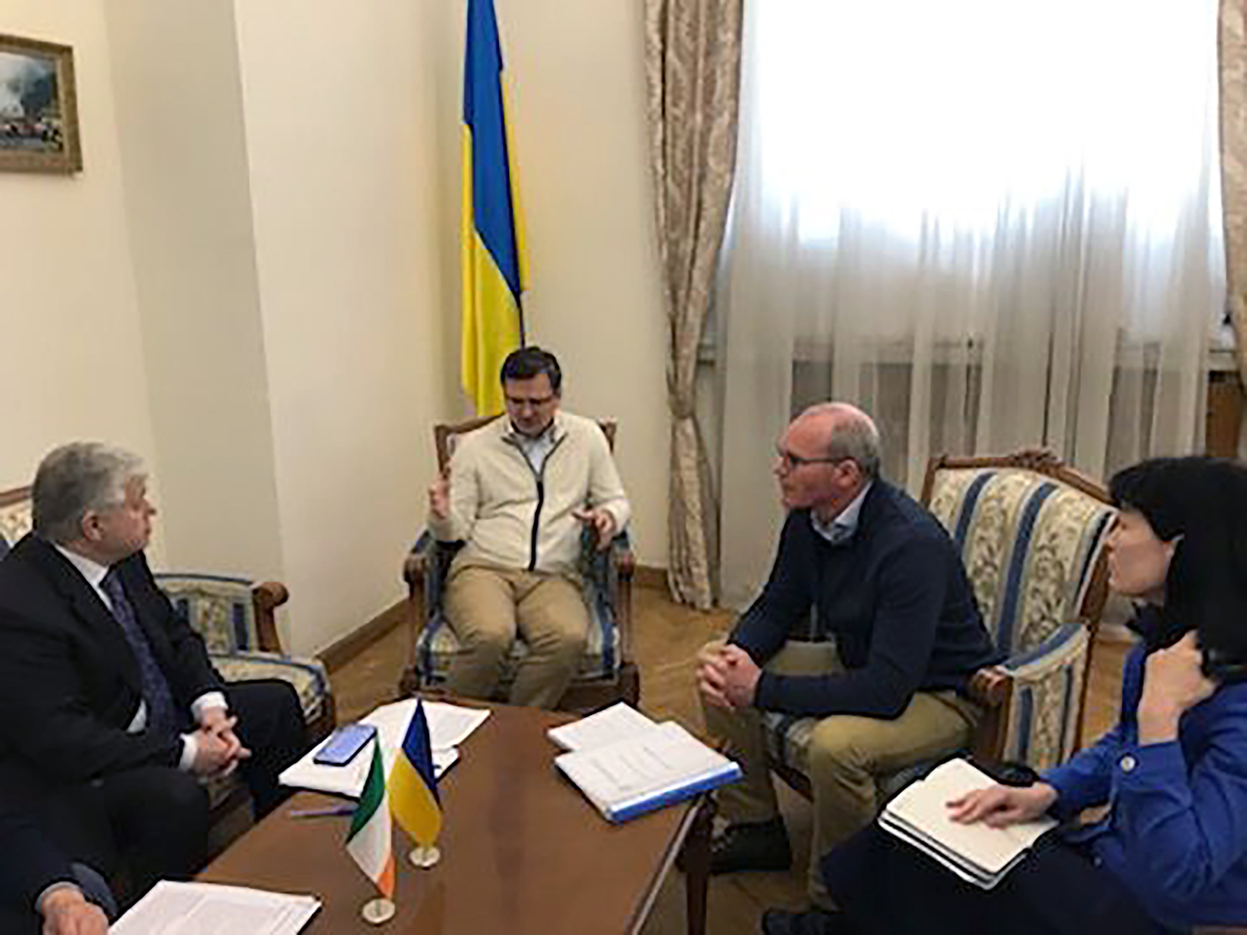 Ireland’s Minister for Foreign Affairs Simon Coveney, centre right, meeting with his Ukrainian counterpart Dmytro Kuleba, centre, in Kyiv (handout/PA)