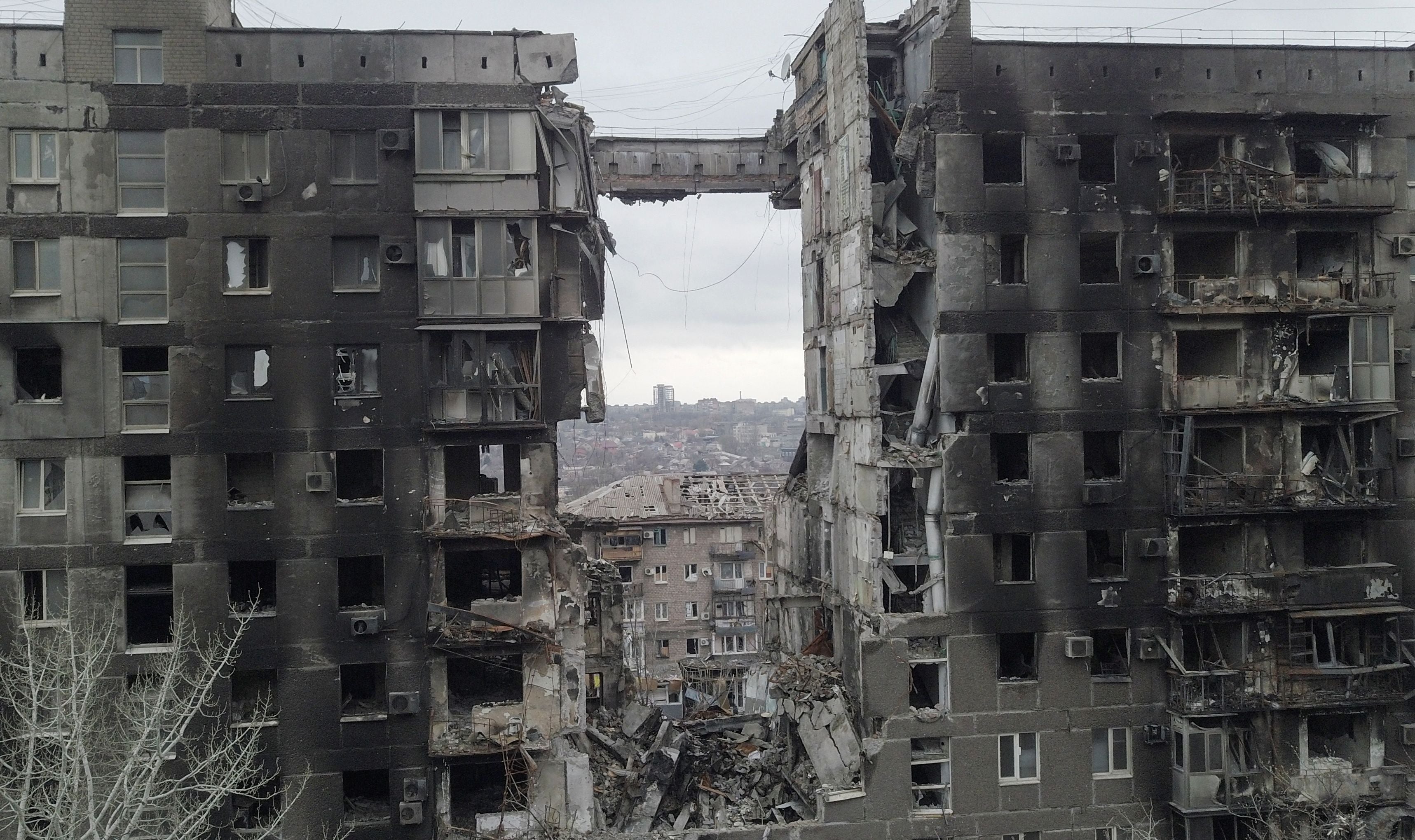 A residential building destroyed in the course of Ukraine-Russia conflict in the southern port city of Mariupol