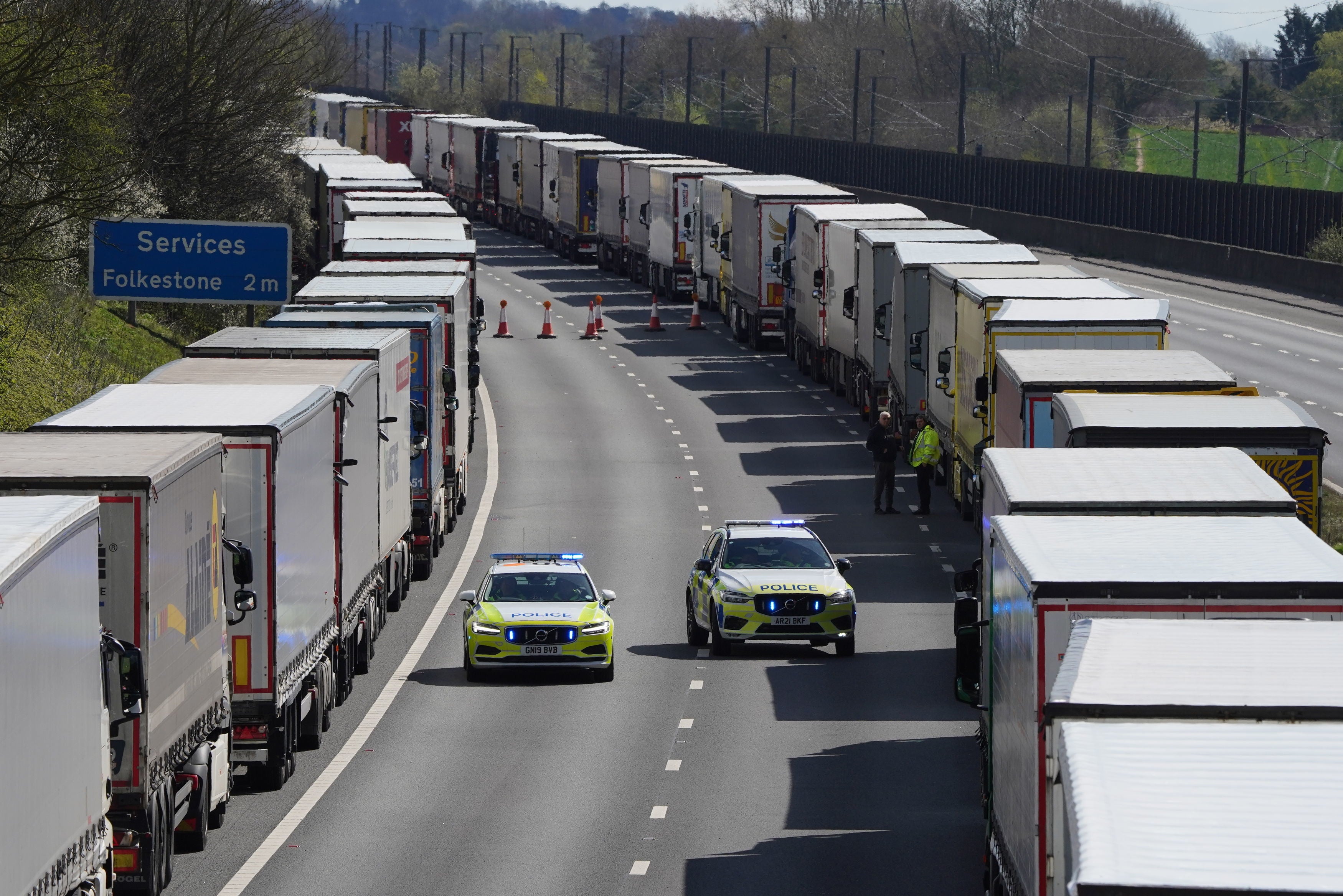 Lorries on the M20 near Folkestone in Kent