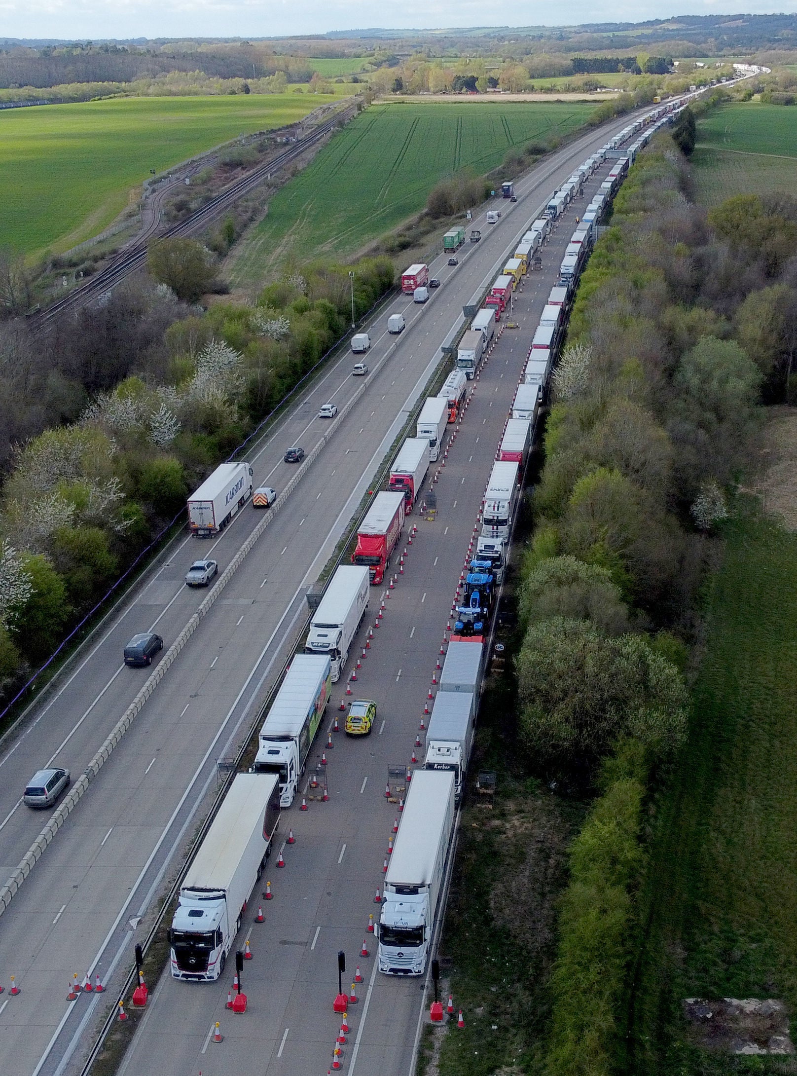 Lorries queue in Operation Brock on the M20 near Ashford in Kent