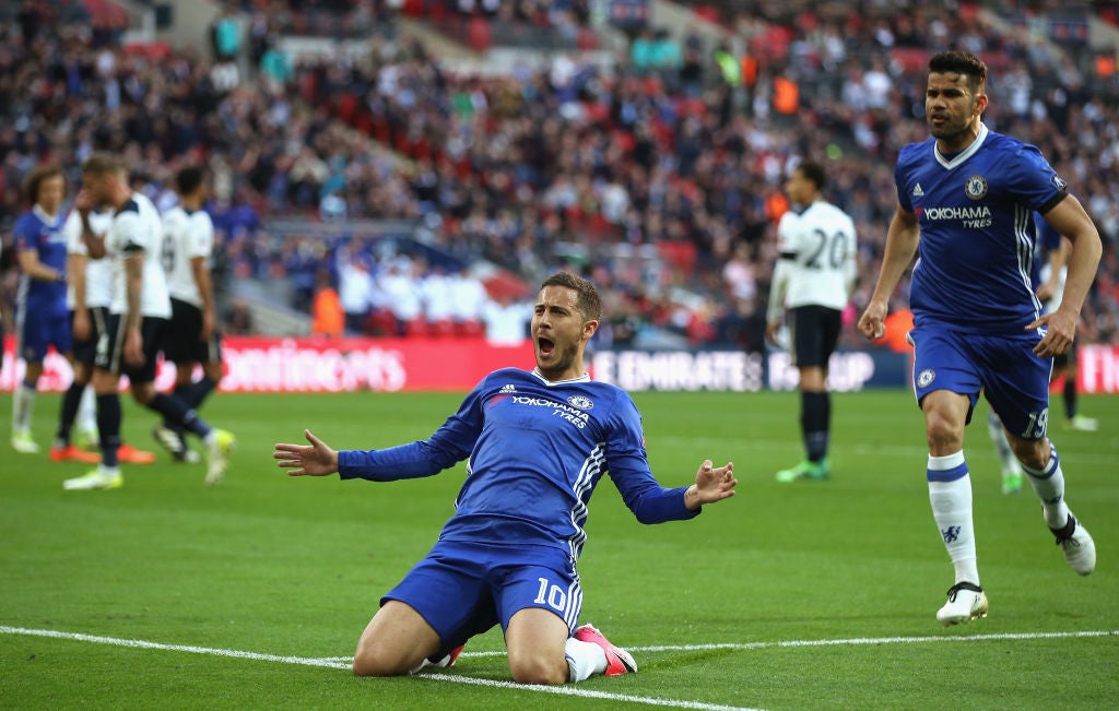 Eden Hazard celebrates scoring Chelsea’s third goal in their 4-2 FA Cup semi-final win over Spurs in April 2017