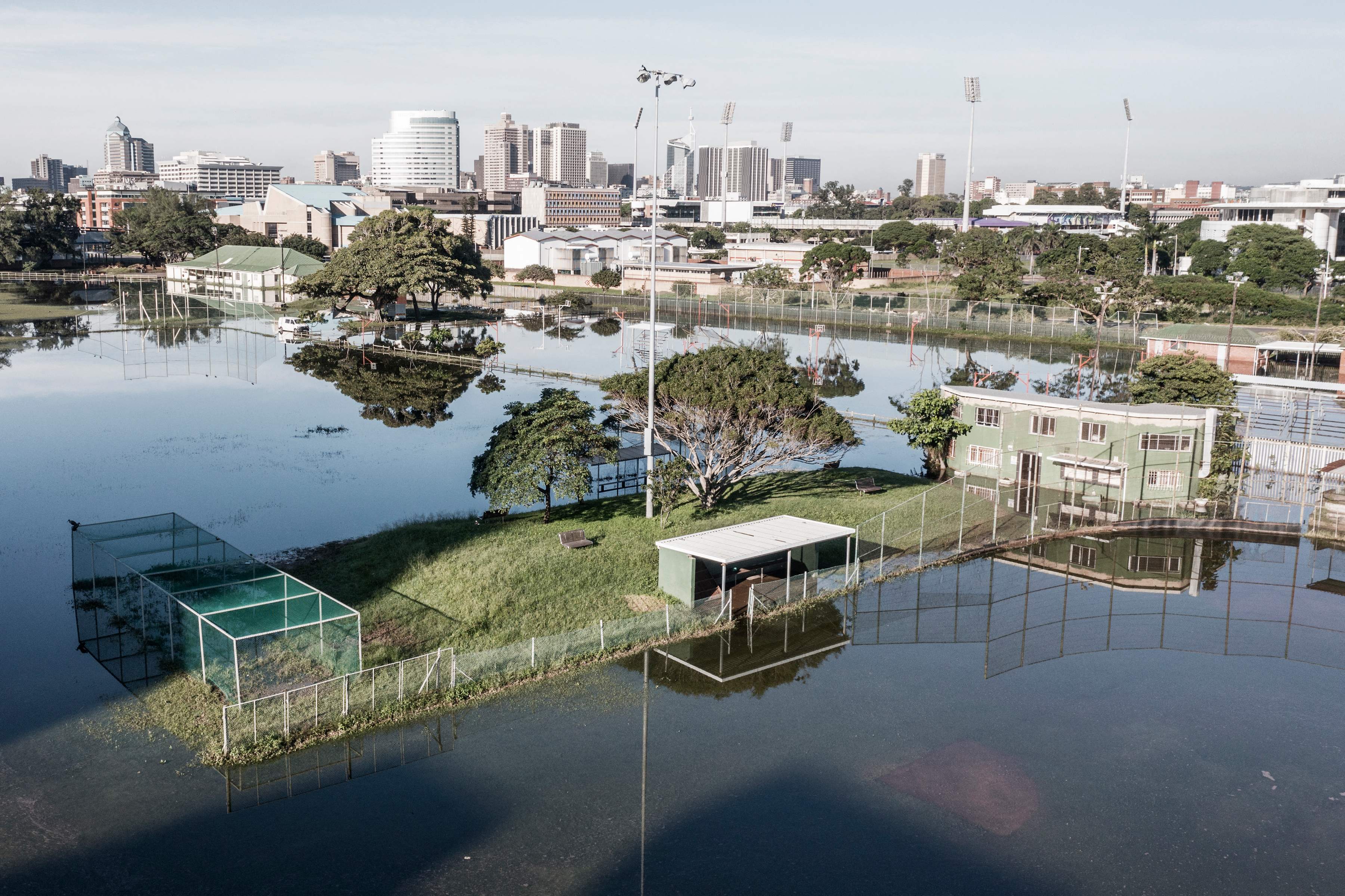 Sports fields under water following heavy rains in Durban